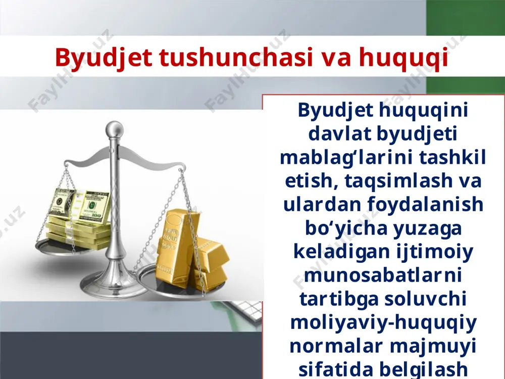 jet tizimining o‘zbekiston respublikasi ma’muriy-hududiy tuzilishiga muvofiqligi; byudjet tizimi byudjetlarining balansliligi va o‘zaro bog‘liqligi; davlat byudjeti quyidagi darajadagi byudjetlardan iborat: - o‘zbekiston respublikasining byudjeti; - qoraqalpog‘iston respublikasi byudjeti, viloyatlar va toshkent shahar mahalliy byudjetlari. davlat byudjeti daromadlari: - soliqlar va boshqa majburiy to‘lovlar; - davlat aktivlarini joylashtirish, foydalanishga berish va sotishdan olingan daromadlar; soliqlar va boshqa majburiy to‘lovlar; davlat aktivlarini joylashtirish, foydalanishga berish va sotishdan olingan daromadlar; meros, hadya huquqi bo‘yicha davlat mulkiga o‘tgan pul mablag‘lari; yuridik va jismoniy shaxslardan, shuningdek chet davlatlardan tushadigan qaytarilmaydigan pul tushumlari; rezident-yuridik shaxslarga berilgan byudjet ssudalarini va chet davlatlarga ajratilgan kreditlarni to‘lash hisobidan to‘lovlar; qonun hujjatlariga muvofiq boshqa daromadlar hisobidan shakllantiriladi. davlat byudjeti daromadlari: savol va topshiriqlar 1. byudjet sohasidagi vakolatlar qaysi davlat organlariga berilgan? 2. davlat maqsadli jamg‘armalarining daromadlari haqida ma’lumot to‘plang. 3. davlat byudjeti xarajatlarining tarkibi nimadan iborat? 4. o‘zbekiston respublikasi moliya vazirligi huzuridagi byudjetdan tashqari pensiya jamg‘armasining xarajatlari nimalardan iborat?
