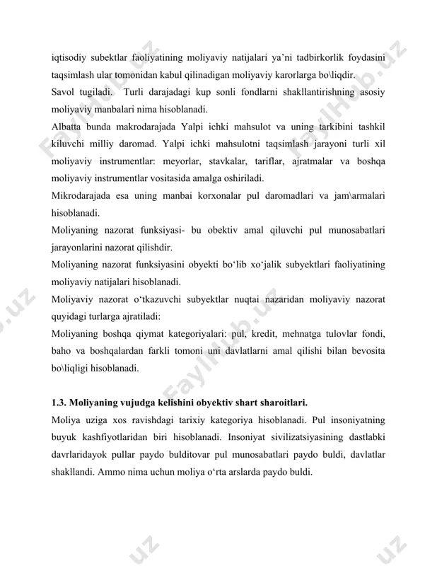 iqtisodiy siyosatni realizatsiya qiladi. tartibga solish sohalari: davlat moliyasi, pul muomalasi, nakd pulsiz hisob kitoblar, valyuta kurslari, iqtisodiy xavfsizlik va boshqalar. +ayta taqsimlash funksiyasi. yaratilgan milliy daromad ishlab chiqaruvchilar va iste’molchilar o‘rtasida qayta taqsimlashning obyekti hisoblanadi. bunday qayta taqsimlanishining mexanizmi sifatida soliq va budjet tizimi hisoblanadi. ijtimoiy funksiyasi. o‘tish davrining asosiy muammosi hisoblanuvchi ijtimoiy himoya tizimlarini shakllantirish va aholining ham ta’minlangan katlamini himoya qilish davlatning asosiy funksiyasi hisoblanadi. bu funksiyaning realizatsiya qilish mexanizmi: ijtimoiy transfertlar tizimi, respublika va mahalliy darajadagi ijtimoiy dasturlar, adresli ijtimoiy yordamlar. davlatning iqtisodiy roli va funksiyasi ijtimoiy iqtisodiy jarayonlarni tartibga solishning moliyaviy siyosatini va moliyaviy usullarini aniqlab beradi. tovar-pul munosabatlarining mavjudligi. xar qanday pul munosabatlari ham moliyaviy munosabatlar tarkibiga kiritilmaydi. masalan, bank kreditlarini olish va uni qaytarish jarayoni, kreditorlik karzlarini tulash jarayonidagi pul munosabatlari moliyaviy munosabatlar kategoriyasiga kiritilmaydi. moliyaviy munosabatlari kategoriyasi mazmunini aniqlovchi kengaytirilgan takror ishlab chiqarish jarayonidagi pul munosabatlar quyidagilardan iborat: korxonalar tayyor mahsulotni realizatsiya …