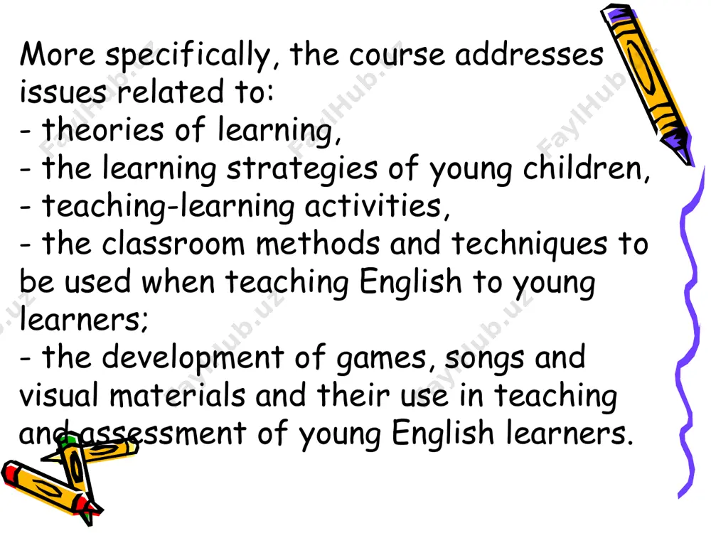 thods. older ones worry that their intellectual powers diminish by age. they have a longer concentration span to continue an activity than the other groups. teachers should consider their (positive or negative) learning experiences. task watch the video “ shaping the way we teach english” and write down the characteristics of young learners characteristics of young learners yl are active and creative yl like to play yl learn through doing yl have short attention span yl need repetition yl need clear directions yl have limited knowledge about the world very young learner young learner late young learner language focus/ skills used: listening & speaking vocabulary items (concrete & familiar objects) no grammar teaching or metalanguage (can’t analyze language but may be exposed to chunks through songs, classroom language) no reading & writing (may recognize letters or short words) language focus/ skills used: listening & speaking vocabulary items (concrete & familiar …