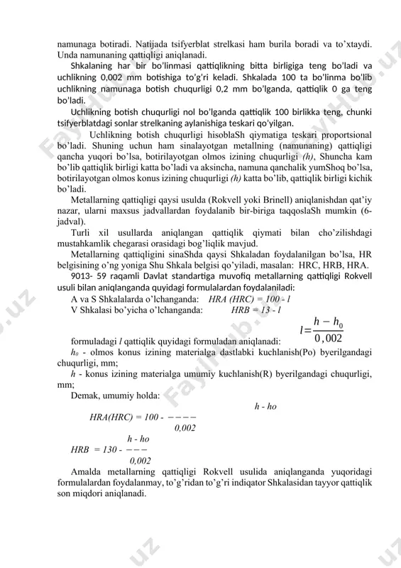 byeriladi, bu esa maxovikni kichik strelka qizil nuqta ro’parasiga kelguncha aylantirish bilan belgilanadi. bu holda katta strelka vertikal vaziyatda joylashadi. shundan keyin tsifyerblat aylantirilib, (19 - rasm) qora shkalaning nol bo’linmasi katta strelka ro’parasiga keltiriladi. agar namunaga po’lat shar botiriladigan, ya’ni hisob qizil shkala bo’yicha yuritiladigan bo’lsa, bunda ham strelkani nolga qo’yish uchun qora shkaladan foydalaniladi. 19 - rasm. rokvell pressining indiqator shkalasi. nihoyat krivoship (5) ishga tushirilgach, asosiy yo`qlanish avtomatik ravishda uchlikni namunaga botiradi. natijada tsifyerblat strelkasi ham burila boradi va to’xtaydi. unda namunaning qattiqligi aniqlanadi. shkalaning har bir bo’linmasi qattiqlikning bitta birligiga teng bo’ladi va uchlikning 0,002 mm botishiga to’g’ri keladi. shkalada 100 ta bo’linma bo’lib uchlikning namunaga botish chuqurligi 0,2 mm bo’lganda, qattiqlik 0 ga teng bo’ladi. uchlikning botish chuqurligi nol bo’lganda qattiqlik 100 birlikka teng, chunki tsifyerblatdagi sonlar strelkaning aylanishiga teskari qo’yilgan. uchlikning botish chuqurligi hisoblash qiymatiga teskari proportsional bo’ladi. shuning uchun ham sinalayotgan metallning (namunaning) …