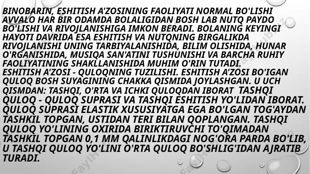 'zini noxush sezadi. agar yoshligidan bosh lab odamning vestibulyar analizatori yaxshi chiniqtirilmasa, uning ishi ma'ium darajada pasayadi. bu, ayniqsa, odam tanasi fazoda murakkab hoiatlarda bo'iganida seziladi. chunonchi, mototsiklda, avtomashinada tez yurganda, karuselda aylanganda, har xil transport vositalarida yurganda boshi aylanadi, ko'ngli ayniydi, yuragi tez urib, rangi oqaradi, ba'zida hatto hushini yo'qotishi mum kin. muvozanat a'zosining ishi!. odam tanasining turli xil harakat-larida, uning fazodagi turli xil holatlarida vestibulyar analizator retseptorlari qo'zg'aladi. harakat tezligi qancha yuqori bo'lsa, retseptorlar shuncha kuchli qo'zg'aladi. shuni ta'kidlash kerakki, ichki quloqning yarim doira kanalchahri va xaltasimon tuzilmalardagi retseptorlarning har qaysisi ma'lum bir harakatlarda qo'zg'alish xususiyatiga ega. odamning muvozanat a'zosi normal rivojlangan va sog'lom bo'lsa, uning turli xil murakkab harakatlari, fazoda turli holatlarda bo'lishi biror noxush hollarni yuzaga keltirmaydi. bu a'z,o yaxshi chiniqtirilgan bo'lsa, odam har qanday silkinish, tebranish, aylanish harakatlariga va samolyotda uchishga, suv kemalarida yurishga bardoshli bo'ladi. muvozanat a'zosi funksiyasining buzilishi. muvozanat a'zosining funksiyasi har xil …