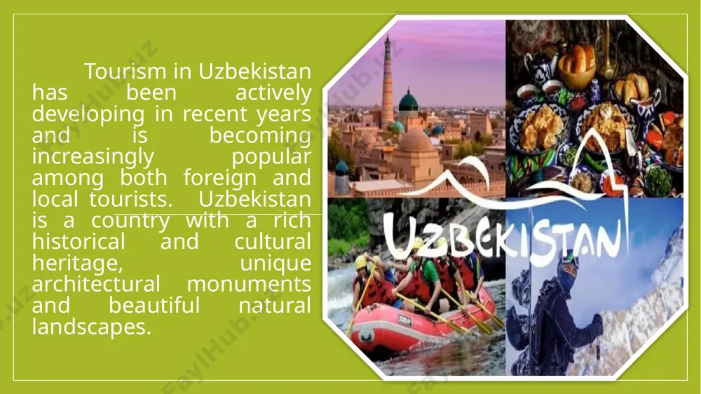 n has its own culinary peculiarities. tourism along the routes of the great silk road several important routes of the great silk road pass through uzbekistan, and travelers can follow historical trails, visiting cities that played a key role in international trade, knowledge exchange and culture. ethnographic tourism uzbekistan has a rich culture associated with traditions and crafts. tourists can visit: local markets such as chorsu in tashkent or bukhara bazaar. learn more about crafts such as forging, weaving, pottery and pottery making, especially in areas like samarkand or khiva. participate in festivals and folk festivals such as navruz, which is celebrated with mass celebrations and traditional games. * resort tourism uzbekistan is also developing the resort industry: the charvak reservoir and its surroundings are a popular place to relax in summer. saryagash is a resort in the southern part of the country, known for its mineral waters. * adventure …
