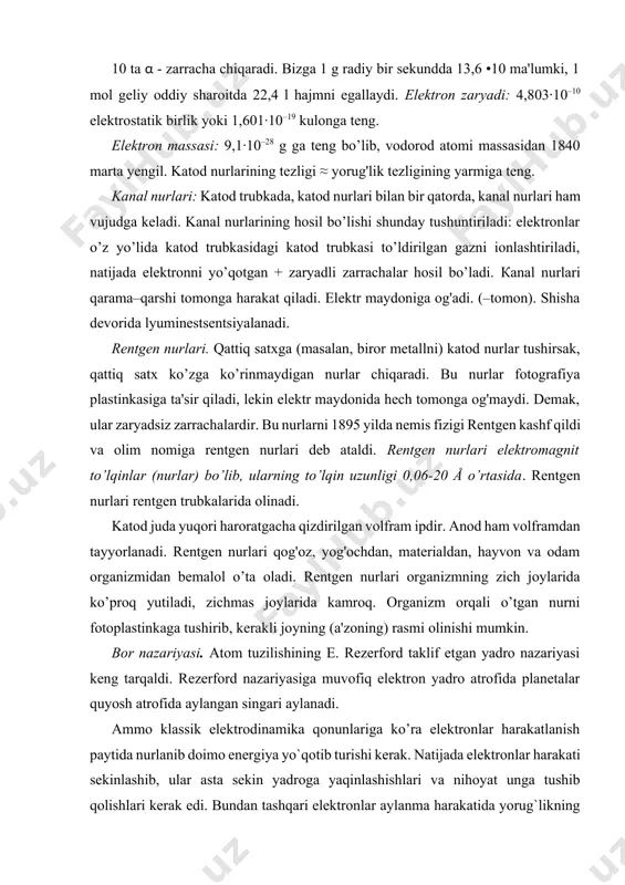 nur energiyasi uzluksiz oqim bo’lib emas, balki alohida portsiyalar-energiya kvantlar xolida chiqadi va yutiladi. kvant energiyasining kattaligi 𐐩, nur chiqarish chastotasi -γ ga to’g’ri proportsional: 𐐩=h γ h-plank doimiysi, 6.6*10-27 erg. sek ga teng. bu kattalik ta`sir kvanti deyiladi. elektron bir orbitadan boshqasiga o’tganda chiqadigan energiya miqdori porsiyalar, ya`ni kvantlar bilan o’zgaradi: 𐐩1--𐐩0 = hγ1; 𐐩2 -𐐩0 = hγ2; 𐐩3-𐐩0 = hγ3 va hokazo. elektronning har bir statsionar orbitadagi holatiga atom energiyasining ma`lum miqdor zaxirasi to’g’ri keladi. elektron birinchi orbitada harakatlanayotganda yadroga eng kuchli tortiladi, energiya zaxirasi esa eng kam bo’ladi. atomning bunday holati normal holat deyiladi. agar atomga energiya berilsa, masalan, jism yoritilsa, elektron yadrodan uzoqroqdagi orbitalardan biriga ko’chadi, bunda uning yadroga tortilish kuchi kamayadi, atomning energiya zaxirai esa ko’payadi atomning bunday holati qo’zg’algan holati deyiladi. atom qo’zg’algan holatida sekundiga 1/1000.000 ulushiga qadar vaqt tura oladi, keyin elektron yana avvalgi holatga qaytadi. elektron yadrodan uzoqroqdagi orbitadan yaqinroq orbitaga qaytadi. …