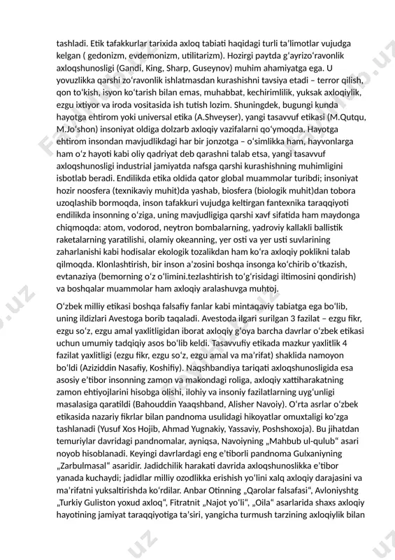 olotga bilish faoliyati, voqelikka faol munosabati orqali, hirs-u ehtiroslar ustidan hukmronlik qila olishi tufayli erishadi, deydi. sitseron, seneka, epiktet singari qadimiy rim axloqshunoslarining qarashlarida esa qullik, erk, hayotning maʼnosi, baxt muammolari oʻrtaga tashlanadi. oʻrta asrlar etikasida qadimgi sharq mutafakkirlari (roziy, forobiy, ibn sino, ibn rushd) asarlari va fikhiy tasavvufiy yoʻnalishlarda abu lays samarqandiy, gʻazzoliy, rumiy, aziziddin nasafiy, navoiy, koshifiy tomonidan yozilgan kitoblar etika taraqqiyotiga katta hissa boʻlib qoʻshildi. uygʻonish davri faylasuflari oʻz axloqiy qarashlarida ulardan samarali foydalandilar (valla, monten). bu taʼsirni yangi davr axloqshunosligida ham yaqqol sezish mumkin; gobbs, spinoza, gelvetsiy, golbax, russo kabi maʼrifatchilar axloqning shaxs va jamiyat hayotidagi oʻrniga, demokratik oʻzgarishlarning axloqiy ildizlariga eʼtiborni qaratdilar. bu davrda nemis mumtoz axloqshunosligi alohida ahamiyatga ega boʻddi; u bir tomondan ratsional nazariyalarni (kant, shiller, fixte, shelling, gegel, feyerbax), 2tomondan, noratsional qarashlarni (kyerkegor, shopengauer, nitsshe) oʻrtaga tashladi; kant burchga asoslangan imperativ (qatʼiy amr) gʻoyasini ilgari surdi, gegel axloqning miqyosiyligini, huquqning asosi, jamiyatning …