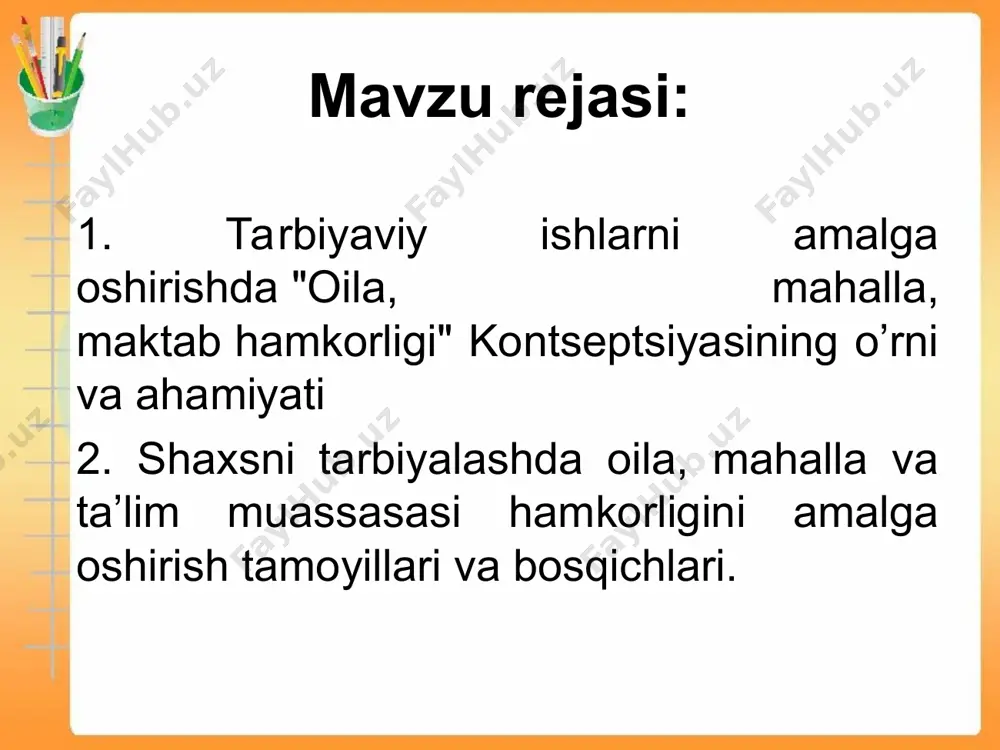 lat organlari mahalla faollari, faxriylar, onaxonlar, katta hayotiy tajribaga ega ayollar, ularning bilim va ma’naviy salohiyatiga tayanadi. mahallalarda o‘tkazilayotgan ko‘plab sport musobaqalari o‘g‘il-qizlarning jismonan baquvvat, sog‘lom bo‘lib ulg‘ayishiga faol xizmat qilmoqda. “oila – mahalla – ta’lim muassasalari”, “ota-onalar universitetlari” jamoatchilik kengashlari “farzandimiz – biz unga g‘amxo‘rlik qilamiz!” da’vati asosida bolalarni o'qitish va tarbiyalashda o'qituvchilarga yordam berish, bolalar shaxsini shakllantirish jarayonida ota-onalarning rolini oshirish, maktabgacha ta'lim muassasalari, maktablar va oilalarning sa'y-harakatlarini birlashtirish. ota-onalar jamiyatimiz oilaga, yosh avlod tarbiyasiga qo‘yayotgan talablarni bilsa, axloqiy tarbiya samarali bo‘ladi; bolalarni axloqiy tarbiyalash jarayonida bolalarning yosh xususiyatlarini hisobga olgan holda milliy o‘zbek an’analaridan foydalaniladi; ota-onalar pedagogika, psixologiya fanlarining zamonaviy yutuqlarini hisobga olgan holda, sharq va g‘arb mutafakkirlarining oilaviy tarbiyaga oid boy ma’naviy merosidan foydalangan holda pedagogik ta’limini muntazam oshirib boradilar. “farzandlarimizni ajdodlarimizdan meros urf-odat va an’analarimiz asosida, milliy qadriyatlarimizga hurmat ruhida tarbiyalash, pedagogikaning zamonaviy usullaridan foydalanish, ularga ochib berilayotgan dunyo mo‘jizalari bilan oshno qilish – bularning …