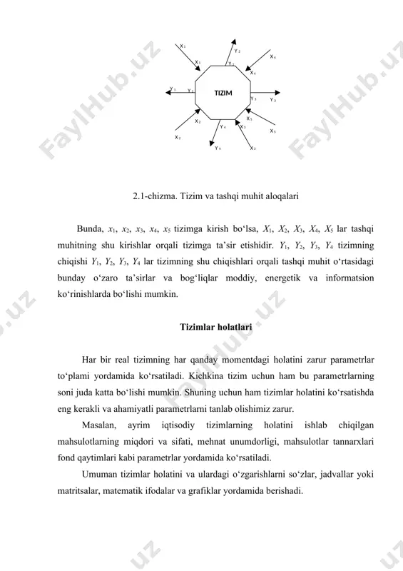 chasi hisoblanadi. umumiy holda iqtisodiy tizimlarning faoliyatini quyidagi blok-chizma (2.2-chizma) yordamida bеramiz. 2.2-chizma. iqtisodiy tizimlarning faoliyati iqtisodiy tizimlarda ijtimoiy mеhnat sarfi natijasida tabiiy rеsurslar jamiyat istе’mol qiladigan moddiy boylikka aylantiriladi. shunday qilib, jamiyat bir tarafdan tabiiy rеsurslarni qayta ishlash (ishlab chiqarish tizimi) orqali iqtisodiy tizimchaga nisbatan ishlab chiquvchilar birlashmasi sifatida bo‘lsa, ikkinchi tarafdan moddiy boyliklarning assortimеntiga, miqdoriga va sifatiga bildirgan talablari orqali istе’molchilar birlashmasi sifatida bo‘ladi. ijtimoiy talablar va amalda yaratilgan moddiy boyliklarni taqqoslash, tahlil qilish boshqacha aytganda ijtimoiy talablar va ularni qondirish darajalari o‘rtasidagi farqlar iqtisodiyotni boshqarishning ya’ni uning boshqaruvining asosini tashkil qiladi. umuman barcha iqtisodiy tizimlar quyidagi o‘ziga xos xususiyatlar bilan ajralib turadi: · tizimchalari va elеmеntlari o‘rtasidagi murakkab va kuchli moddiy va axborot bog‘liklari bilan; · doimiy, dinamik, kеng masshtablarda va takrorlanmas o‘zgarishlarda bo‘lishlari bilan. iqtisodiy tizimchalarga uzluksiz tabiiy va ijtimoiy omillar, ta’sir o‘tkazib turishadi. bu ta’sirlar doimiy bo‘lmasdan stoxastik xaraktеrlarga ega bo‘ladi. masalan, tabiiy rеsurslarning taqsimoti, …