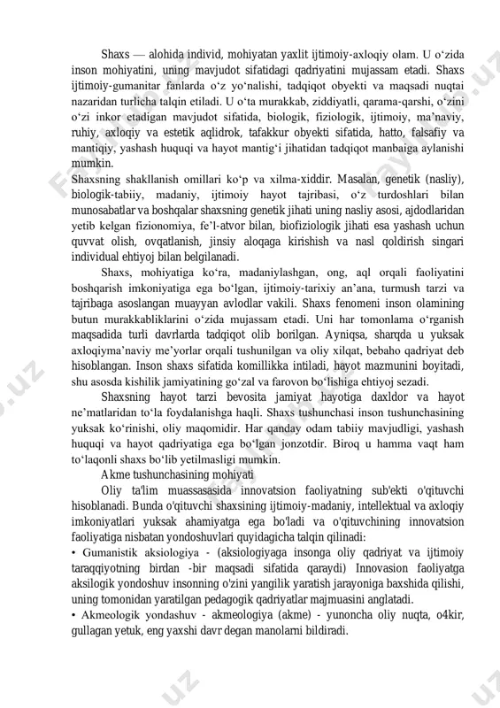 ashtirish kabi xususiyatlar kuzatiladi. shaxslar o‘z maqsadlariga erishishda, o'zligini tanish va hayot maqsadlarini belgilashda muhim bosqichni bosib o'tishadi. sizga bu mavzuda qaysi jihatlar qiziq? inson rivojlanishi jarayonida "mikroakme" va "makroakme" oraliq cho‘qqilar farqlanadi. mikroakme – bu shaxsning individual rivojlanishida, masalan, ma'lum bir fazada o'z qobiliyatlari va salohiyatini maksimal darajada ko'rsatishi. bu odatda shaxsiy muvaffaqiyatlar, ta'lim va kasbiy o'sish kabi kichikroq o'lchovlarda yuz beradi. makroakme esa shaxsning umumiy rivojlanish jarayonida, jamiyat, madaniyat va iqtisodiy sharoitlar bilan bog'liq holda katta ijtimoiy o'zgarishlar bilan bog'liq cho'qqilardir. bu, masalan, yurtning rivojlanishi, yangi texnologiyalarning joriy etilishi yoki ijtimoiy tuzilmalardagi o'zgarishlar kabi omillarni o'z ichiga oladi. bu oraliq cho‘qqilar, shaxsning rivojlanishi va ijtimoiy kontekst bilan bog'liq murakkab jarayonlarni tushunishda muhim ahamiyatga ega. ijtimoiy-pedagogik jihatdan, "akme" cho‘qqisi shaxsning shaxsiy va ijtimoiy qobiliyatlarini rivojlantirishi, o‘z-o‘zini anglash va o‘zaro munosabatlarni mustahkamlash jarayonida yuzaga keladi. bu davrda shaxslar o‘z maqsadlariga erishishga, yetakchilik ko‘nikmalarini rivojlantirishga, va ijtimoiy rollarni to‘g‘ri bajarishga intilishadi. …