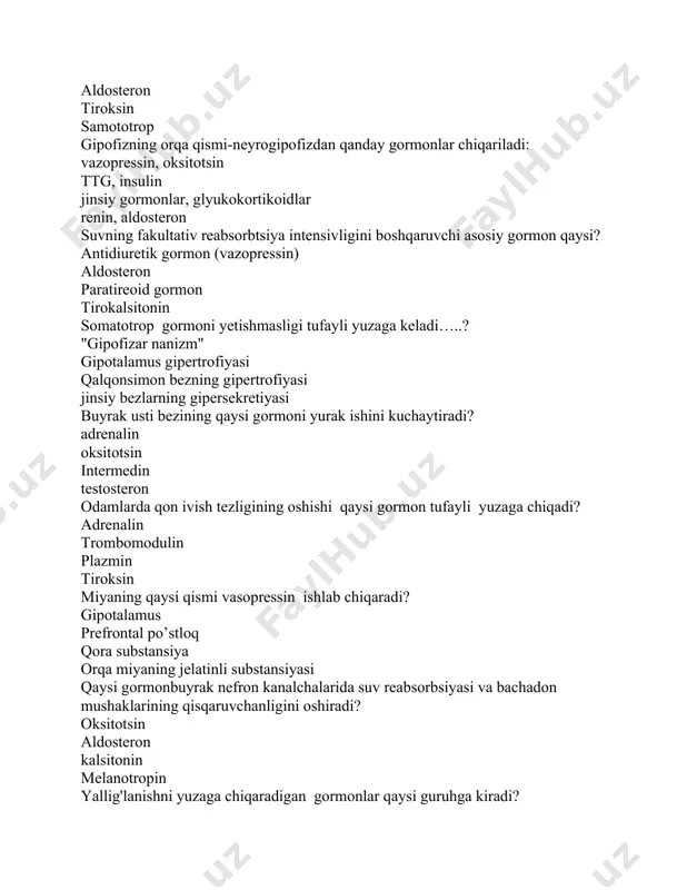 onbuyrak nefron kanalchalarida suv reabsorbsiyasi va bachadon mushaklarining qisqaruvchanligini oshiradi? oksitotsin aldosteron kalsitonin melanotropin yallig'lanishni yuzaga chiqaradigan gormonlar qaysi guruhga kiradi? mineralokortikoidlar glukokortikoidlar trop gormonlar liberinlar qaysi gormonlar kapillyar tomirlar va serroz membranalar o'tkazuvchanligini oshirish orqali yallig'lanish jarayonlarining rivojlanishiga yordam beradi? mineralokortikoidlar. glyukokortikoidlar trop gormonlar liberin gormonlari to'satdan emotsional holatda (masalan, qo'rquv) qaysi gormon ko'p miqdorda ajralib chiqadi va g'oz terisi yoki tuklarning ko'tarilishiga olib kelishi mumkin? adrenalin. aldosteron kalsitonin melanotropin organizmda uglevod almashinuviga ta'sir etuvchi kontrinsulyar gormon qaysi? adrenalin. tripsin kalsiytonin lipaza oshqozon osti bezining endokrin qismi qaysi gormonlarni ishlab chiqariladi? insulin,glyukagon,somatostatin triyodotironin va tiroksin somatostatin va aldosteron. aldosteron va paratiroid gormon qalqonsimon bezda quyidagi gormonlar sintezlanadi: tiroksin, triiodotironin, kalsitonin tiroksin, ttg, kalsitonin tiroksin, triiodotironin, paratiroid gormon tiroksin, triyodotironin, tireotrop gormon tiroksin ta'siri ostida qaysi nerv tizimini qaysi bo’limi faolligi asosan oshadi? avtonom asab tizimining simpatik boʻlimi avtonom asab tizimining metasempatik boʻlimi somatik asab tizimi avtonom asab tizimining parasimpatik …