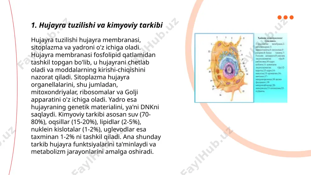 qarorligini va o‘zgarishlarga moslashuvchanligini ta'minlaydi. ... t.me/slaydai_bot hujayra membranasi hujayraning tashqi chegarasini tashkil etadi va uning asosiy tarkibiy qismi lipidlar, oqsillar va uglevodlardir. lipidlar hujayra membranasining strukturasini yaratishda, uning barqarorligini ta'minlashda va turli xil funktsiyalarni bajarishda muhim ahamiyatga ega. lipidlar membranada ikkita qatlam hosil qiladi. ularning gidrofobik (suvidan yiroq) uchlari ichkariga qaraydi, gidrofilik (suvni sevuvchi) uchlari esa tashqariga. bu tuzilma hujayra membranasining mustahkamligini ta'minlaydi. lipidlarning xolesterin kabi turlari membranada suyuqliklikni nazorat qiladi va hujayra membranasining barqarorligini saqlashga yordam beradi. bundan tashqari, lipidlar hujayra membranasida signal uzatishda ishtirok etadi. ular turli signal yo'llari orqali hujayra faoliyatini tartibga solishda muhim rol o'ynaydi. shuningdek, lipidlar hujayra ichidagi moddalar almashinuvini boshqaradi, hujayra o‘ziga kerakli moddalarni olib kiradi va chiqargan moddalarni tashqariga chiqaradi. lipidlar hujayra membranasining qayta tashkil etilishi, plastinkalar hosil qilinishi va hujayra strukturasi bilan bog‘liq jarayonlarda ham ishtirok etadi. bu jarayonlar hujayra membranasining barqarorligini va moslashuvchanligini ta'minlaydi. ... t.me/slaydai_bot hujayra membranasi hujayra ichidagi …