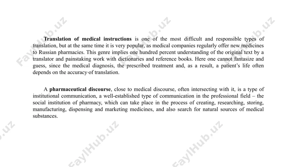 otation unambiguously. terminology, the presence of stable momentum, cliché. the standard translation of medical instructions does not allow any imagery of speech. all words in them are used in basic substantive meanings. translators are required to adhere to a common terminology. pharmaceutical expressions have an established form and rules for their use. specialized dictionaries can be used as authoritative sources, and in especially difficult cases, consult with pharmacologists. acronyms and abbreviations. all special designations (atx codes, chemical names of active substances, international nonproprietary names of the drug), organizations holding the patent for the drug, and manufacturing organizations, trademarks and other lexical units of instructions must be internationally accepted and meet the standards. particular importance is attached to units of measure. national specifics of pharmaceutical discourse. in each country, medical texts have their own language features, which medical translator must know perfectly. the originals of the instructions that translators work on …