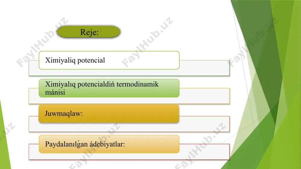 endi α ni sonday tańlaymız, bunda αn =1 bolsın, yaǵnıy a=1/n. ol halda bunnan (2,3) (2,4) sonday qilip μ ximiyalıq potentsial bir bólekshege salistirǵanda alinǵan termodinamik potentsial dep túsiniw múmkin. basqa termodinamik funktsiyalar arqalı ximiyalıq potentsial bunday ápiwayı aytılıwı múmkin emes. mısalı, erkin energiya ushın ψ=ψ (t, vn) dep jazıw múmkin. n ni α ret arttirǵanimizda tek ψ emes, sonıń menen birge, v da sonsha ret artadı, yaǵnıy αψ=ψ (t, αv, αn). taǵı α= 1/n dep alıp, tómendegin payda etemiz: (2,5) bólekler sanı n tek kóbeytiwshi retinde emes, sonıń menen birge, funktsiya belgisi astında da turıptı. sol sebepli (2,6) μ ni termodinamik anıqlanıwı bir mánisli emes. u hám s shamalar qálegen additiv turaqlılar u0 hám s0 anıqlıǵında tabılǵan, sonlıqtan, ψ hám φ lar u0 - s0 t sızıqli funktsiya anıqlıǵında tabılǵan. fermi-dirak hám boze-eynshteyn statistikasına ótip, biz entropiyanıń ( 3) hám (4) ańlatpalarınan paydalanamız. sol sebepli entropiyanıń arttırıwı ushın tómendegin …