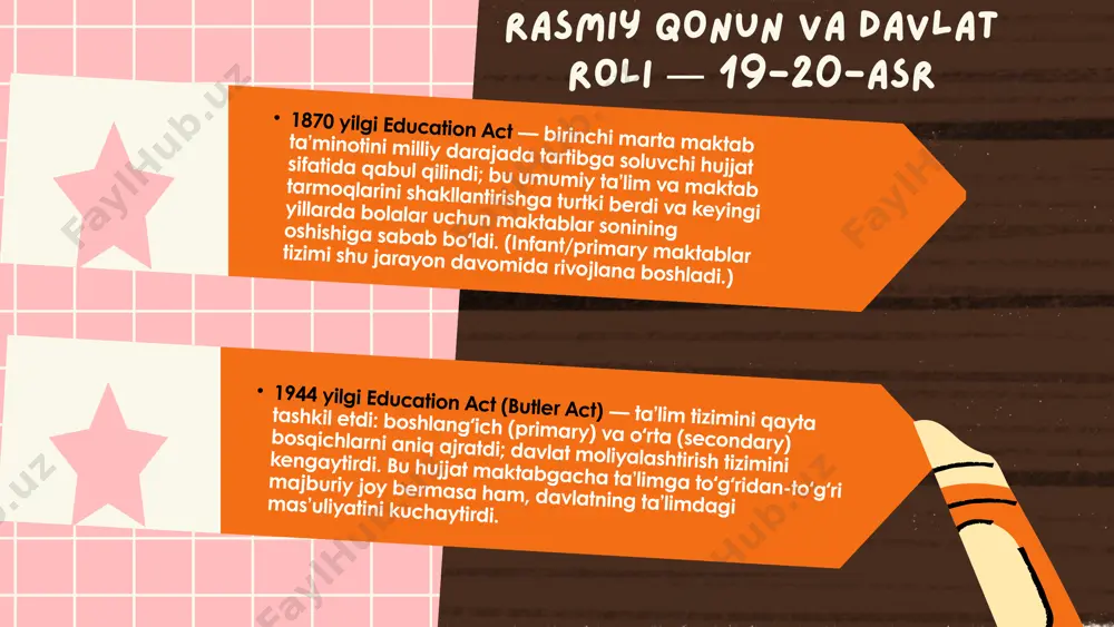 ‘lishi mumkin; baʼzan o‘quv dasturi va baholashda o‘ziga xos yo‘llar qo‘llanadi. sats — key stage 1 va key stage 2 oxirida (5–7 va 7–11 yoshdagi bosqichlarda) bolalarning asosiy bilimlari tekshiriladi. gcse (general certificate of secondary education) — key stage 4 vaqtida (14-16 yosh) olinadi; bu maktab darajasidagi umumiy sertifikat. a-levels yoki muqobil kurslar — key stage 5 (16–18 yosh) da. bu kurslar universitеtga kirishda muhim. 4. imtihonlar va baholash (examinations & assessment) toʻlov asosida ishlaydi; o‘quv darajasi, qulayliklari va imtiyozlari ko‘pincha davlat maktablaridan farq qiladi. ba’zilari internat maktablari (boarding schools), yaʼni o‘quvchilar maktab hududida yashaydi. xususiy maktablar (private / independent schools) afzalliklari: davlat maktablarida ta’lim arzon (bepul) boʻlishi; keng imkoniyatlar; ijtimoiy turli qatlamlardan bolalar aralashadi. akademiyalar va free schools ta’lim shaklida, uslub va yo‘naltirishda ko‘proq moslashuvchanlik taqdim etadi. grammar maktablar nazariy jihatdan akademik jihatdan yuqori natijalar ko‘rsatishi mumkin. kamchiliklari: grammar maktablar tanlov asosida bo‘lgani uchun, huquqiy jihatdan tenglik masalalari (shahidlar, …