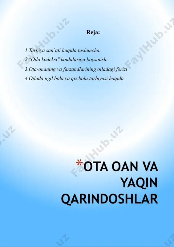 y tarbiya orqali asos solinadi, kamol toptiriladi. to'g'r, bunda ijtimoiy tarbiyaning o'rnini inkor etib bo'lmaydi. ana shu nuqtai nazardan ularning birligiga, o'zaro hamkorliklariga asoslansak, barkamol inson tarbiyasida muvaffaqiyatlarga erishish mumkin. oilaviy tarbiya pedagogika fanida murakkab muammolardan biridir. uning murakkabligi shundaki, har bir oila o'ziga xos ibtidoiy guruh bo'lib, tarbiyada faqat mazkur guruhga xos xususiyatlarga asoslanadi. ta`kidlaganimizdek, oilaviy tarbiyani ijtimoiy tarbiya bilan almashtirish bolalar kamolotiga salbiy ta`sir ko'rsatadi. masalan, yasli, bog'chalarga bormay, faqat oilada o'sgan va voyaga etgan bolalar maktabga borganlarida o'z tengqurlari ichida ko'p jihatlari bilan ajralib turadi. oilaning bolalarga moddiy va ma`naviy g'amxo'rligini, ko'rsataetgan tarbiyasini yasli, bog'cha tarbiyasi bilan eki, aksincha, yasli bog'cha tarbiyasini oilaviy tarbiya bilan almashtirib bo'lmaydi. faqat o'zaro hamkorlik masalani ijobiy hal etish imkoniyatini beradi. lekin o'zining xususiyatlari va takrorlanmas ta`siri bilan oila bola tarbiyasida muhim omilligicha qoladi. amalietda kuzatganimizdek, bolada ota-onasining mehri, erkalashlari asosida ota-onalariga, qarindosh-urug'lariga bo'lgan hissietlari shakllanadi. bolaning otasiga bo'lgan hurmati onaning hurmatini …