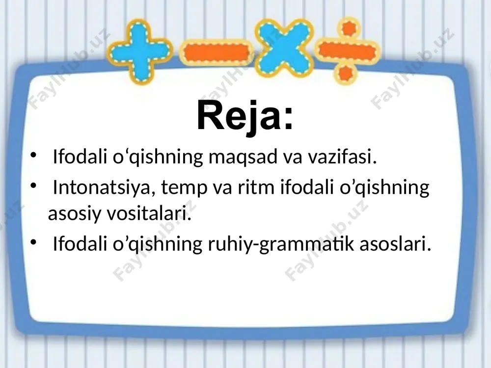 va radiflardan hosil bo‘ladi. temp. temp lotincha (tempus) so‘zidan olingan bo‘lib, sur’at, daraja, vaqt, tezlik degan m a’nolami bildiradi. demak, o‘qish tempi deganda o‘qish sur’ati, o‘qish tezligi tushuniladi. “bunday tezlik gap tarkibidagi tovushlar talaffuziga sarflangan vaqt bilan belgilanadi. bunday vaqt gap bo’laklari, ulaming o‘mi, gapning turi, situatsiya kabi omillar ta’sirida har xil bo‘ladi. ifodali o`qishning ruhiy-grammatik asoslari sur’at nutqning muayyan tezlikda matn mazmuniga mos ravishda aytilishi sur’at deyiladi. sur’at uch turga ajratiladi: a) o`rtacha; b) tezlanuvchan; c) pasayuvchi sur’at (o`qituvchi she’riy va nasriy asarlardagi sur’at turlariga amal qilib ifodali o`qib izohlaydi). to`xtam to`xtam (pauza) ovozning vaqtincha to`xtatish (to`xtab qolish, dam olish, oraliq) bo`lib, bu davrda nutq a’zolari artukulyatsiyadan to`xtaydi va nutq oqimi uziladi. to`xtam davrida nafas olinadi va nutqning navbatdagi qismini talaffuz etishga hozirlik ko`riladi. to`xtamdan turli maqsadlarda foydalaniladi. shunga ko`ra u quyidagi turlarga bo`linadi: nafasni rostlash to`xtami. nutqning bir nafas tugaguncha aytilgan qismidan so`ng yangi nafas olish uchun qilingan …