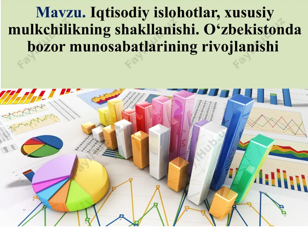 ladi, inqirozga qarshi ishonchli to‘siq va xavfsizlikning etarli chegarasini yaratdi, uni chayqovchilik kapitali ta’siridan va jahon moliya va fond bozorlarida nazoratning yo‘qligidan saqladi. . mustaqillik yillarida o‘zbekistonning asosiy yutuqlarini qayd etib, ishonch bilan aytish mumkinki, ikkita eng muhim vazifa hal qilindi - makroiqtisodiy barqarorlik ta’minlandi va barqaror iqtisodiy o‘sishga erishildi. o‘tish davrining bosqichma-bosqich strategiyasi, mamlakat rahbariyatining energiya va g‘alla mustaqilligiga tez erishish istagi, shuningdek, asosiy eksport tovarlarini (paxta va oltin) xalqaro bozorlarga yo‘naltirishga urinishlar - bularning barchasi o‘zbekistonga sanoat sohasida jiddiy tanazzullarga yo‘l qo‘ymaslik imkonini berdi. davlat mulkini xususiylashtirish xususiylashtirishga printsipial yondashuvlar: davlat mulkini yangi mulkdorga sotish yo'li bilan boshqa mulk shakllariga aylantirish; dasturiy yondashuv va bosqichma-bosqich xususiylashtirishni ta'minlash; davlat tasarrufidan chiqarish davrida aholiga kuchli ijtimoiy kafolatlar berish; bir vaqtning o'zida mavjud ishlab chiqarish va boshqaruv tuzilmalarini qisqartirish va demonopolizatsiya qilish xususiylashtirish bosqichlari i bosqich 1991-1994 yillar. ii bosqich 1995 -1997 yil "kichik xususiylashtirish": ob'ektlar: uy-joy, savdo korxonalari, maishiy xizmat, …