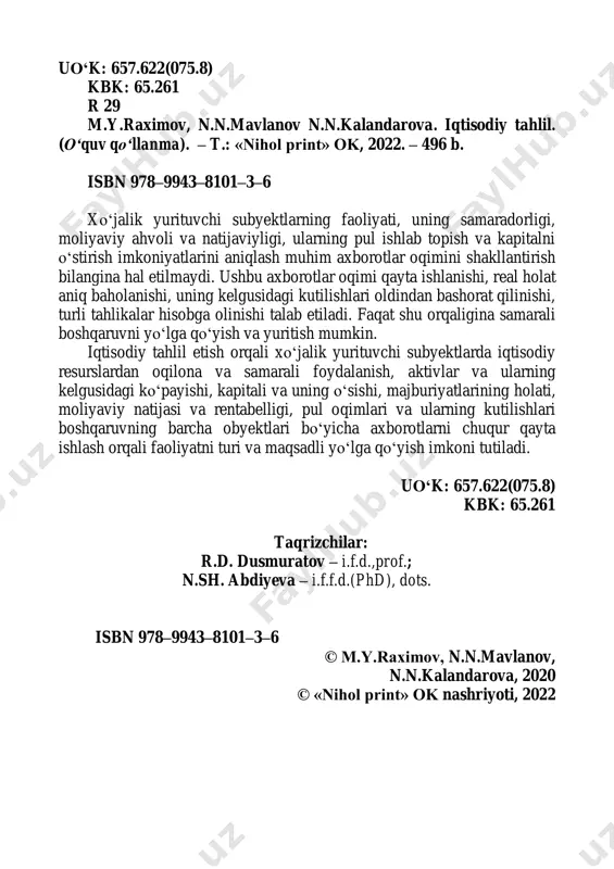 tlarini yagona tartiblarini belgilashni, ularni unifikatsiyalashni, muqobillikdagi tartiblarni yagona mezonlarga keltirishni taqozo qilmoqda. xalqaro kapital va kredit bozorining shakllanishi, xorijiy investitsiyalarning ko‗payishi, eksport-import operatsiyalarining jadallashuvi, transmilliy korxonalar rolining ortib borishi bilan moliyaviy hisobotlarni tuzishning xalqaro standartlarini belgilash, hisob ma‘lumotlarini qiyosiyligini ta‘minlash zaruriyati tobora ortib bormoqda. axborotlarni olish va taqdim etishning eng muhim vositasi bu moliyaviy hisobotlardir. moliyaviy hisobotlar axborot foydalanuvchilarining keng doirasi uchun: - investitsiyalar bilan bog‗liq xatarlar, dividendlarni to‗lash, aksiyalarni sotib olish, saqlash yoki sotish haqidagi; - kreditlar va foiz to‗lovlari haqidagi; - mol yetkazib beruvchilarga tegishli bo‗lgan summalarning o‗z vaqtida to‗lanishi haqidagi; - uzluksiz faoliyati to‗g‗risidagi; - faoliyat barqarorligi va rentabelligi to‗g‗risidagi; - resurslarning taqsimlanishi, faoliyatni tartibga solib turilishi, soliqqa tortish, milliy daromadni hamda boshqa statistik ma‘lumotlarni shakllantirish to‗g‗risidagi; - rivojlanish, taraqqiyot va farovonlikka erishish yuzasidan erishilgan so‗nggi yutuqlar to‗g‗risidagi axborotlar bilan ta‘minlaydi. bunday axborotlar xo‗jalik subyekti yoki tadbirkorlik subyektining moliyaviy ahvoli, uning hisobot davridagi faoliyatining moliyaviy natijasi …