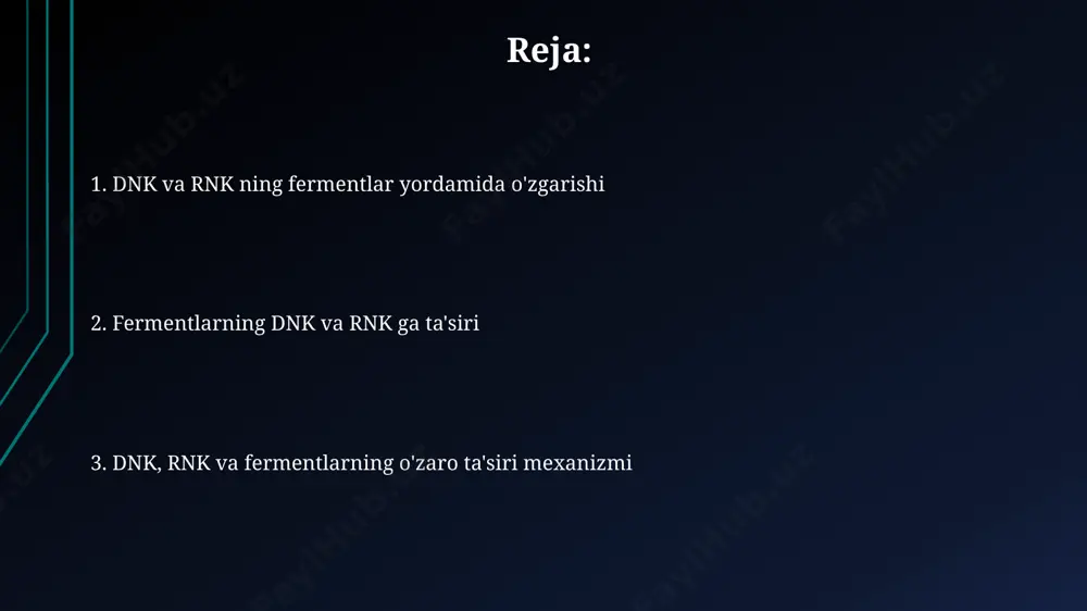 ni ta'mirlashning asosiy mexanizmlaridan biri bo'lgan bazani eksizion ta'mirlash (ber) jarayoni, dnkdagi singan bog'lanishlarni 3' → 5' eksonukleaz faoliyati orqali aniqlaydi va tuzatadi. fermentlarning umumiy xususiyatlari fermentlar reaksiyalarni tezlashtiruvchi katalitik funksiyasini bajarish uchun ko'pincha kofaktorlar, masalan, metall ionlari yoki vitaminlarni talab qiladi. ko'pgina fermentlarning faolligi optimal ph va harorat oralig'ida maksimal darajaga etadi, 37°c atrofida yuqori faollik kuzatiladi. dnkning tuzilishi va vazifasi dnkning replikatsiyasi jarayonida dnk polimeraza fermenti 5’ dan 3’ tomonga yangi dnk zanjiri sintezini amalga oshiradi, bu esa hujayra bo'linishi uchun muhimdir. inson genomida taxminan 3 milliard nukleotid juftligi mavjud bo'lib, ular 23 juft xromosomalarga tashkil topgan. rnk transkripsiyasi mexanizmi rnk transkripsiyasi jarayonida rnk polimeraza fermentining 3 ta asosiy subbirligi – α, β va β’ – dnkning promotor mintaqasiga bog'lanib, transkripsiyani boshlaydi. evkaryotlarda rnk transkripsiyasi yadroda uch bosqichda – iniciatsiya, elongatsiya va terminatsiya – amalga oshib, bir nechta rnk protsessing bosqichlaridan o'tadi. ferment inhibitorlari va aktivatorlari ba'zi ferment …
