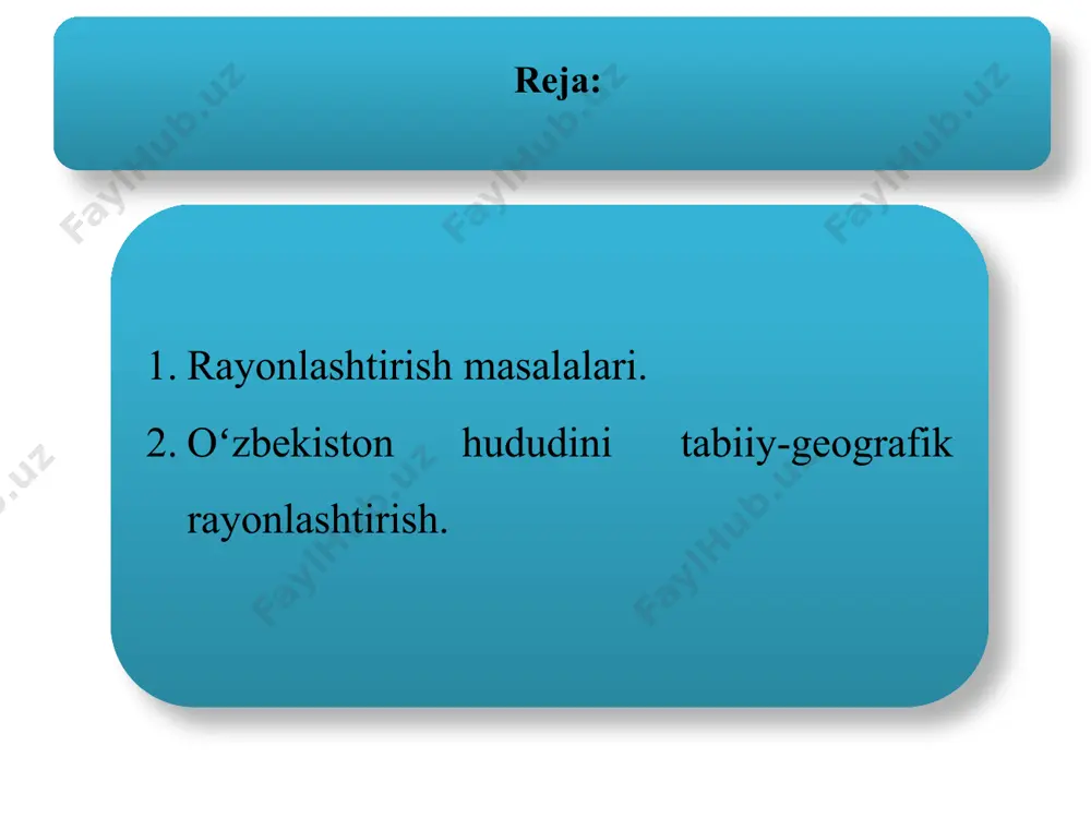, azonal belgilarga ko`ra tabiiy geografik oʻlkalar va tabiiy geografik oblastlar ajratiladi. rayonlashtirishning soʻnggi bosqichi — tabiiy geografik rayon boʻlib, u har ikki — zonal va azonal sharoitlarga mos boʻlishi kerak. tabiiy geografik prinsip va metodlari genetik birlilik hududiy umumiylik prinsiplari bosh omil metodi va boshqalar komplekslilik prinsipi l.n.babushkin va n.a.kogay rayonlashtirish sxemasi materik o`lka provinsiya kichik provinsiya okrug rayon oʻzbekiston hududini tabiiy-geografik rayonlashtirish. ko‘p olimlar o‘rta osiyoni shu jumladan, o‘zbekistonni rayonlashtirish regional tamoyiliga asoslanib tabiiy geografik rayonlashtirganlar. ana shunday ishlardan eng keyingi va asosiylaridan biri l.n.babushkin va n.a.kogayning izlanishlari bo‘ldi. ular (1964- 1965) ko‘pgina mualliflar ishlarini o‘rganib va ulardan foydalanib hamda o‘rta osiyo tabiatini uzoq vaqt davomida tekshirish asosida regionning yangi tabiiy geografik rayonlashtirish sxemasini ishlab chiqdilar. mazkur rayonlashtirish sxemasiga ko‘ra o‘rta osiyo yevrosiyo materigining bir qismi, uni alohida tabiiy geografik o‘lkasi deb olinadi. har bir tabiiy geografik birlik – o‘lka, provinsiya, kichik provinsiya, okrug, tabiiy rayon turli xil …