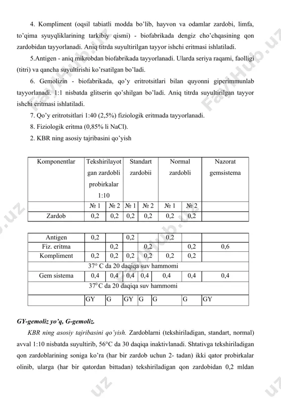 silkitib yaxshi aralashtiriladi va suv hammomida 37 c da 20-40 daqiqa saqlanadi. bu bakteriolitik sistema. probirkalarni suv hammomidan olib unga 0,4 mldan gemsistema (ishchi titrdagi gemolizin bilan eritrotsitlarning teng miqdordagi aralashmasi) qo’shiladi va ikkinchi marta suv hammomida 20 daqiqa saqlanadi. reaksiya natijasi ikki marta aniqlanadi: birinchisi probirkalar suv hammomidan olingan zahoti, ikkinchisi yakuniy - 18-20 soat uy haroratida turganidan keyin. avval sinovli probirkalarning ikkinchi qatori va standart zardobli nazorat probirkalarning ikkinchi qatori hamda normal zardobli nazorat probirkalarga e’tibor beriladi - ularda eritrotsitlar gemolizga uchrab suyuqlik qizargan - natija manfiy. sinovli, standart zardobli probirkalaraing birinchi qatori, gem-sistema nazoratli probirkalarda gemoliz bo’lmaydi - natija musbat. kbr natijasini baholash (++++) - gemoliz yo’q eritrotsitlar to’liq nuqta shaklida cho’kmaga tushgan, suyuqlik tiniq. (+++) - 25% eritrotsitlar gemolizga uchragan, suyuqlik och qizil rangda. (++) - 50% eritrotsitlar gemolizga uchragan, suyuqlik qizil rangda. (+) -75% eritrotsit gemolizga uchragan, suyuqlik intensiv qizil rangda. (-) - gemoliz 100%, …