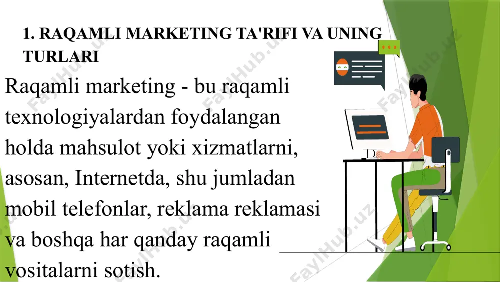 vtomatlashtirilgan elektron pochta seriyalari, reklama optimallashtirish kabi ai yordamida marketing jarayonlarini avtomatlashtirish. video marketing: youtube, tiktok, instagram kabi platformalarda video kontentga urg’u berish. influencer marketing: ijtimoiy media influenserlari bilan hamkorlik qilish. ko’p kanalli marketing: mijozlarga bir vaqtning o’zida turli kanallar orqali murojaat qilish (masalan, ijtimoiy media, elektron pochta, sms). xususiyatlari: shaxsiylashtirishga e’tibor kuchaydi, mijoz tajribasi muhim bo’lib qoldi, o’lchov, tahlil va optimallashtirish yanada chuqurlashtirildi, ai va avtomatlashtirish keng qo’llanildi. 12 kelajakdagi tendentsiyalar: raqamli marketing sohasida quyidagi tendentsiyalarning kuchayishi kutilmoqda: sun’iy intellekt (ai) va avtomatlashtirishning yanada kengroq qo’llanilishi shaxsiylashtirishning yanada yuqori darajasi voice search (ovozli qidiruv) ning o’sishi virtual va augmented reality (vr/ar) ning marketingda qo’llanilishi kiberxavfsizlik va ma’lumotlar himoyasiga bo’lgan talabning oshishi mijoz tajribasiga yanada katta e’tibor qaratish 13 raqamli marketingning kelajagi juda qiziqarli va o’zgaruvchan bo’lishi kutilmoqda. texnologiyaning rivojlanishi bilan birga, marketing sohasida ham ko’plab o’zgarishlar yuz beradi. keling, raqamli marketingning kelajakdagi asosiy tendentsiyalarini ko’rib chiqaylik: 14 1. sun’iy …