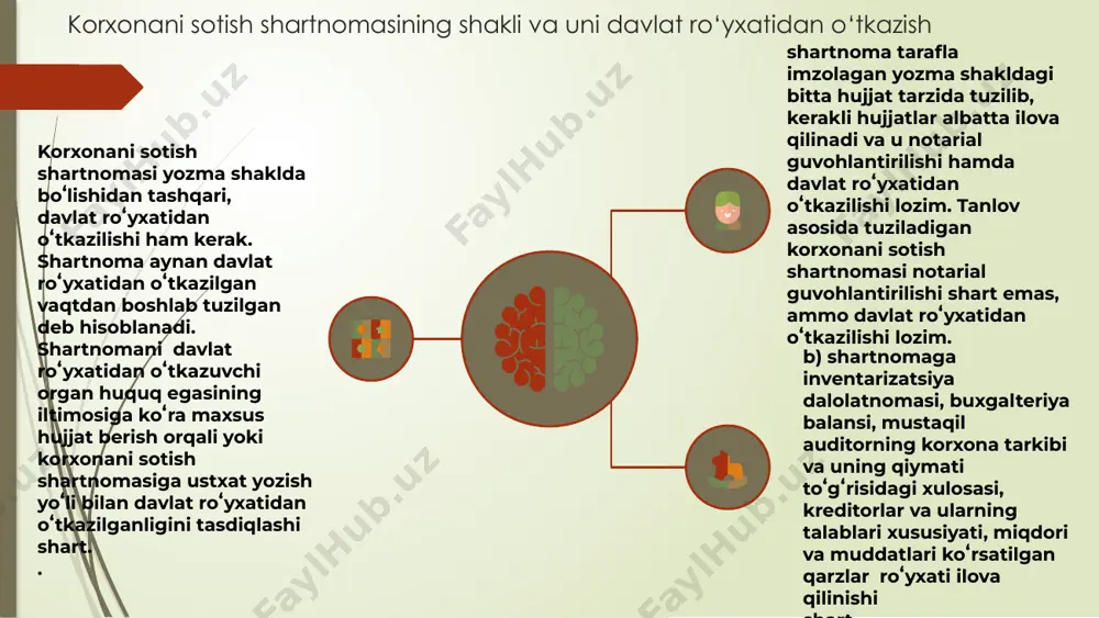 rida belgilangan tartibda davlat roʻyxatidan oʻtkazilishi lozim boʻlgan avtomototransport vositalarini ayirboshlash shartnomasi notarial tasdiqlangan boʻlishi kerak. ayirboshlash shartnomasi boʻyicha baho va xarajatlar; tadbirkorlik faoliyati bilan shugʻullanayotgan shaxslar, tovar narxini belgilashda uning balans narxidan emas, balki oldi-sotdi shartnomasi boʻyicha qabul qilinayotgan narxidan kelib chiqishlari zarur; topshirish xarajatlari tovarni topshirayotgan shaxsga yuklatiladi va bu xarajatlar tovar narxiga kirmaydi, bu qoida xuddi shu tovarni qabul qilish xarajatlariga ham tegishli;. belgilangan ayirboshlanadigan tovarlarni teng qiymatlilik prezumpsiyasi ayirboshlash shartnomasi mohiyatiga javob beradi va uni amaliyotda qoʻllashni yengillashtiradi, chunki tomonlar oʻrtasida kelib chiqishi mumkin boʻlgan ayirboshlanadigan tovarlarning haqiqiy qiymati borasidagi nizolarini bartaraf qiladi. baholardagi farqni pul evaziga toʻlash huquqi qoʻrsatilgan. baholardagi farq ayirboshlanayotgan tovarlarni baholash oqibatidan kelib chiqmasligi kerak, balki shartnomani tuzishda oldindan kelishilgan boʻlishi shart.. ayirboshlanadigan tovarlarga boʻlgan mulk huquqining oʻtishi 1 2 3 mulk huquqi davlat roʻyxatidan oʻtkazilishi lozim boʻlgan va bunday roʻyxatdan oʻtkazilganidan soʻng huquqiy ahamiyat kasb etadigan koʻchmas mulkni ayirboshlash hisoblanadi. shuning …