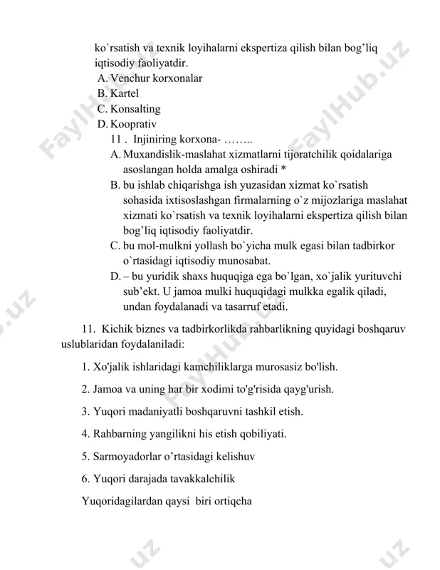 zifalari* b. biznes-rejaning umumiy xulosasi, asosiy parametr va ko'rsatkichlari c. tadbirkorning iste’molchiga taqdim qilayotgan mahsulot, tovar va xizmatlarning tavsifi d. bozor kon’yunkturasi, talab va sotuv hajmining tahlili 14. biznes-rejaning beshinchi bo’limida nimalar bo’ladi? a. bitimning resursli ta’minoti b. harakat dasturi va tashkiliy chora-tadbirlar* c. bozor kon’yunkturasi, talab va sotuv hajmining tahlili d. bitimning samaradorligi 15. sof joriy qiymatning eng katta salbiy moliyalashtirish o'lchamlarini aks ettiradi va sarf-xarajatlarni qoplash manbalari bilan bog’lanishi lozim……… a. pulning minimal sarf harajati b. pulning maxsimal sarfi* c. foydaning muqobil qiymati d. maxsimal daromad 16. biznes rejaning besh bo’limi uchun nechta yordamchi shakl tuziladi? a. 14 b. 12 c. 11* d. 13 17. infratuzilma so’zining ma’nosi nimada? a. tuzilmadan tashqarida* b. tuzilmaning ichki shartlari c. nizom shartlari d. nizomning ichida 18. bevosita ishlab chiqarish jarayoniga xizmat ko'rsatuvchi tarmoqlarni o'z ichiga oladi…….. a. infratuzilma b. bozor infratuzilmasi* c. ijtimoiy infratuzilma d. tashkiliy infratuzilma 19. aqsh da kbm …
