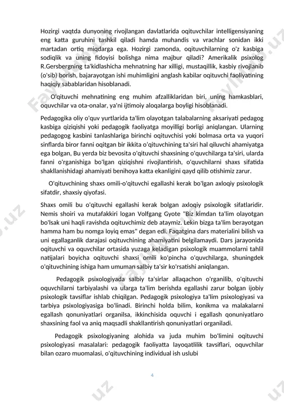 gan hamma ham bu nomga loyiq emas" degan edi. faqatgina dars materialini bilish va uni egallaganlik darajasi oqituvchining ahamiyatini belgilamaydi. dars jarayonida oqituvchi va oquvchilar ortasida yuzaga keladigan psixologik muammolarni tahlil natijalari boyicha oqituvchi shaxsi omili ko'pincha o'quvchilarga, shuningdek o'qituvchining ishiga ham umuman salbiy ta'sir ko'rsatishi aniqlangan. pedagogik psixologiyada salbiy ta'sirlar allaqachon o'rganilib, o'qituvchi oquvchilarni tarbiyalashi va ularga ta'lim berishda egallashi zarur bolgan ijobiy psixologik tavsiflar ishlab chiqilgan. pedagogik psixologiya ta'lim psixologiyasi va tarbiya psixologiyasiga bo'linadi. birinchi holda bilim, konikma va malakalarni egallash qonuniyatlari organilsa, ikkinchisida oquvchi i egallash qonuniyatlaro shaxsining faol va aniq maqsadli shakllantirish qonuniyatlari organiladi. pedagogik psixologiyaning alohida va juda muhim bo'limini oqituvchi psixologiyasi masalalari: pedagogik faoliyatta layoqatlilik tavsiflari, oquvchilar bilan ozaro muomalasi, o'qituvchining individual ish uslubi kabilar tashkil qiladi. o'quv faoliyatini rag'batlantirish qobiliyati, ilmiy ladi. o'quv faoliyatini rag' dunyoqarashni shakllantirish, bilimlarni dunyoqarashga aylantirish va boshqalar ham shu bolim ga tegishlidir. oqituvchining shaxsiy qiyofasi, uning hayrixoxligi, topqirligi, …