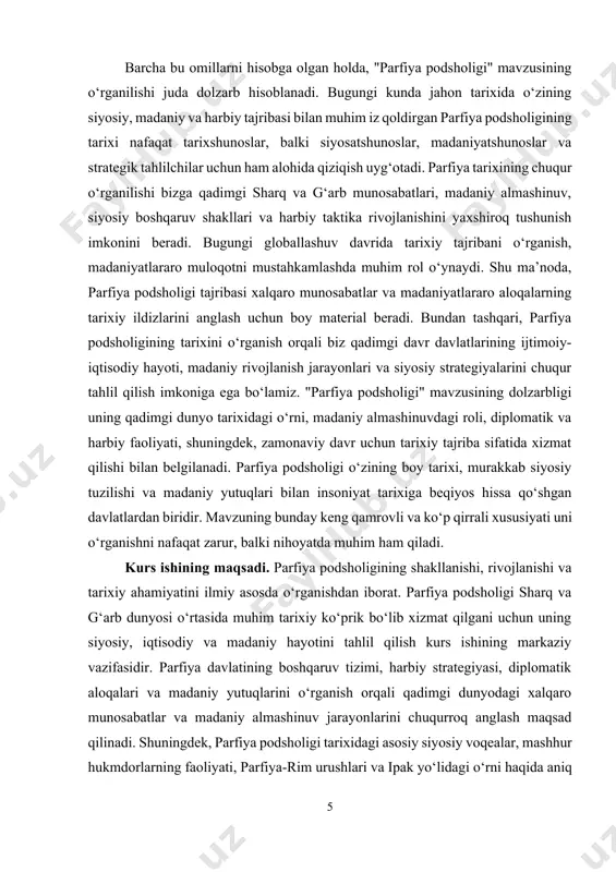 h ham ushbu kurs ishining maqsadlaridan biridir. kurs ishining vazifalari: · parfiya podsholigining tashkil topishi va tarixiy sharoitini o‘rganish. · parfiya davlatining siyosiy va harbiy faoliyatini tahlil qilish. · podsholikning iqtisodiy va madaniy taraqqiyoti xususiyatlarini yoritish. · parfiya va rim o‘rtasidagi munosabatlarni o‘rganish. · parfiya jamiyatining ijtimoiy tuzilmasini tahlil qilish. · parfiya podsholigining dunyo tarixidagi o‘rnini aniqlash. mavzuning o‘rganlilganlik darajasi. parfiya podsholigi mavzusi tarixshunoslikda anchayin o‘rganilgan, ammo uni to‘liq va har tomonlama yoritish hali-hanuz ilmiy muhokamalar va izlanishlarga ochiqdir. parfiya davlati tarixiga oid ilk tadqiqotlar g‘arb olimlari tomonidan boshlangan bo‘lib, yunon-rim manbalari asosida tahlil qilingan. shuningdek, xx asrda sobiq sovet ittifoqi tarixchilari, jumladan v.a. livshits, i.m. dyakonov, m.a. dandamayev singari olimlar parfiya davlati siyosiy tuzumi, iqtisodiyoti va harbiy faoliyati haqida salmoqli ilmiy tadqiqotlar olib borganlar. ularning ishlari parfiya davlati va uning qo‘shni hududlar bilan aloqalari, shuningdek, ipak yo‘lidagi o‘rni va tashqi savdosi masalalarini chuqur yoritgan. o‘zbekistonlik tarixchilar ham so‘nggi yillarda …