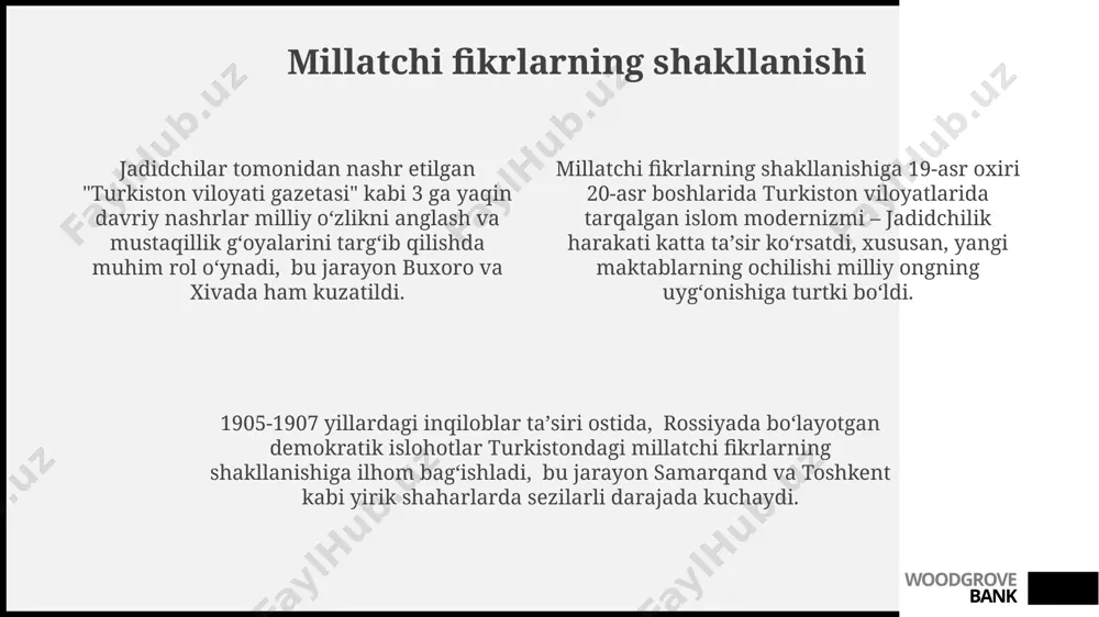 ton, buxoro va xivada millat tuyg'usining shakllanishiga katta ta'sir ko'rsatib, 30 dan ortiq maktab va matbaa ochilishiga sabab bo'ldi. woodgrove bank davlatchilik gʻoyalarining rivojlanishi davlatchilik gʻoyalarining shakllanishida 19-asr oxiri 20-asr boshlarida turkiston viloyatida yuz bergan ijtimoiy-siyosiy oʻzgarishlar, jumladan, jadidchilik harakati muhim rol oʻynadi, yangi davlat qurish gʻoyalarini ilgari surdi. 1917-yilgi oktyabr inqilobidan soʻng, turkiston hududida milliy davlatchilik gʻoyalari turli siyosiy partiyalar va harakatlar tomonidan – masalan, ittifoq, shoʻro va boshqalar – turlicha talqin qilinib, amalga oshirish yoʻllari muhokama qilindi. andijon, qoʻqon, toshkent kabi shaharlarda jadidlar tomonidan avtonomiya yoki mustaqil davlat tashkil etish boʻyicha turli loyihalar va dasturlar ishlab chiqildi, bu esa davlatchilik gʻoyalarining xususiy xususiyatlarini aks ettirdi. woodgrove bank jadidlarning taʼsiri va siyosiy faoliyati butun turkistonda faoliyat yuritgan 100 dan ortiq jadid ziyolilari, mahalliy aholi orasida o'z-o'zini boshqarish g'oyalarini yoyib, milliy identifikatsiya va mustaqillikka intilish jarayonini tezlashtirdilar. jadidlar, 1905-yildan keyin rossiya imperiyasining turkiston general-gubernatorligida 30 dan ortiq maktab ochib, zamonaviy …