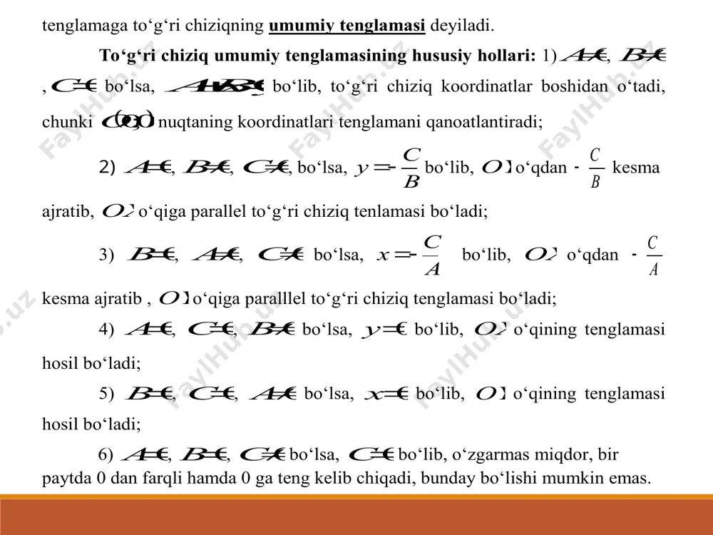 kki nuqtadan o‘tuvchi to‘g‘ri chiziq tenglamasiga asosan, , yoki image5.wmf image6.wmf image7.wmf image8.wmf image9.wmf image1.wmf image2.wmf oleobject1.bin image3.wmf image4.wmf 400 = x 1050 = y tenglik o‘rinli bo‘ladi. oxirgi tenglamadan uchun, ekanligini topamiz. demak, mahsulotdan 400 dona ishlab chiqarish uchun 1050 ming so‘m xarajat qilinadi. image1.wmf image2.wmf 1. chiziq va uning tenglamasi haqida. analitik geometriyaning eng muhim tushunchalaridan biri, chiziq tenglamasi tushunchasidir. tekislikda to‘g‘ri burchakli koordinatlar sistemasida l chiziq berilgan bo‘lsin(4-chizma). ta’rif. l chiziqda yotuvchi istalgan  yxm, nuqtaning koordinatlari  0,yxf (1) tenglamani qanoatlantirib, unda yotmagan nuqtalarning koordinatlari qanoatlantirmasa, bu tenglama l chiziqning tenglamasi deyiladi. bundan l chiziq, koordinatlari (1) tenglamani qanoatlantiruvchi barcha nuqtalar to‘plamidan iborat ekanligi kelib chiqadi. chiziqning tenglamasini tuzish deganda unga tegishli ixtiyoriy ),(yxm nuqtaning koordinatlari orasidagi munosabatni(bog‘lanishni) tenglama ko‘rinishida ifodalashdan iborat. topilgan chiziq tenglamasi uchun: chiziqdagi istalgan nuqtaning koordinatlari uni qanoatlantiradi va aksincha, nuqtaning koordinatlari tenglamani qanoatlantirsa, bu nuqta shu chiziqda yotadi. 2. to‘g‘ri chiziq …
