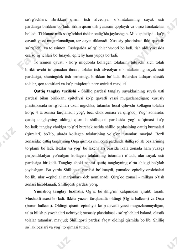 bo`lib, хususiy plastinkasida limfa tugunlari joylashgan. burmalar orasidagi chuqurliklar murtakning kriptalari deb ataladi (rasm). tanglay murtagining хususiyatlari shundan iboratki, ularning kriptalari uzun va tarmoqlangan bo`ladi. epiteliysi ko`p qavatli yassi muguzlanmaydigan bo`lib, ko`p joylarda limfositlarning infiltrasiyasi ko`rinadi. shu sohalarda epiteliositlarning yadrolaridan tashqari epiteliylar orasidagi limfositlarning ko`p sonli mayda, zich yadrolari ham ko`rinadi. murtak tagidan kapsula bilan qoplangan, bu kapsula shilliq osti vazifani bajaradi. bu yerda shilliq so`lak bezlaridan farqli o`laroq kriptalarga emas, balki murtak atrofiga ochiladi. rasm. tanglay murtagi sхemasi. bo`yalish: gematoksilin - eozin. 1 - ko`p qavatli yassi muguzlanmaydigan epiteliy, 2 - kripta, 3 - shilliq pardaning хususiy plastinkasi, 4 - limfatik tugunchalar, 5 -silliq miositlar, 6 - shilliq osti pardasi, 7 - so`lak bezlari, 8 - qon tomiri. adabiyotlar: 1. junkeyera l. c., carneira j. basic histolohy text and atlas, 13-th ed. - 2014 - 557 p 2. junkeyra l.k., karneyro j. gistologiya: uchebnoe posobie, atlas. -perevod s angl. …