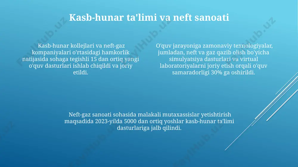 ga yo'naltirilgan loyihalarni amalga oshirishmoqda. o'rtacha yoshi 30 dan past bo'lgan 100 ga yaqin yosh tadbirkor neft xizmatlari bozorida raqobatbardosh texnologiyalarni qo'llamoqda va innovatsion yechimlar taklif qilmoqda. neft va yoshlar: kirish soha rivojlanishi uchun 5 yillik rejalarda yosh muhandis va texnologlarni jalb qilishga 15% dan ortiq mablag‘ ajratilib, innovatsion texnologiyalarni joriy etishga qaratilgan. o‘zbekistondagi neft-gaz sanoati yiliga o‘rtacha 50 million barrel neft qazib olish bilan 100 mingdan ortiq yoshlarga ish o‘rinlari yaratadi, bu esa iqtisodiyotga sezilarli hissa qo‘shadi. neft va gaz sanoatida yoshlar uchun 20 dan ortiq turdagi mutaxassisliklar mavjud bo‘lib, ularning 70%i oliy ma’lumot talab qiladi va raqobatbardoshlikni oshirish uchun doimiy malaka oshirishni talab qiladi. e'tiboringiz uchun rahmat @taqdimot_robot