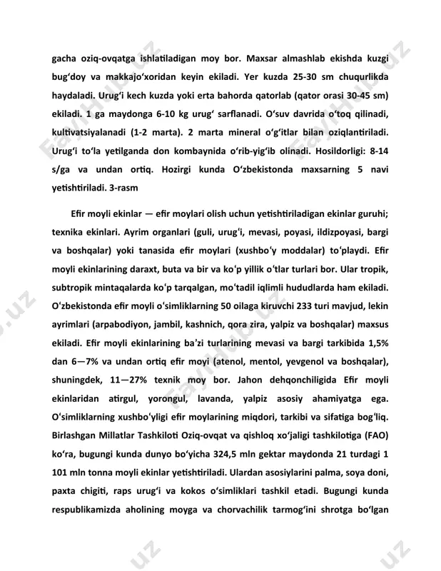 unyo bo‘yicha yetishtirilgan soyaning 85 foizi chorva ozuqasiga va qolgan 15 foizi bevosita inson isteʼmoli uchun yo‘naltiriladi. soya doni tarkibida katta miqdorda oqsil va moy mavjud, bundan tashqari mineral va vitaminlarga juda boy hisoblanadi. urug‘ining tarkibida 18-24% yog‘, 35-45% oqsil, 30% uglevod va 5% mineral, ko‘p miqdorda vitamin va aminokislotalar mavjud. bundan tashqari, chorvachilikda sifatli va to‘yimli ozuqa hisoblanib, 100 kg soya doni 134,8 ozuqa birligi saqlaydi. bu ko‘rsatkich boshqa bironta donli, dukkakli yoki moyli ekinlarda uchramaydi. eng muhimi soya yetishtirish yerning meliorativ holatini yaxshilash va tuproq unumdorligini oshirish xususiyatiga ega bo‘lib, almashlab ekishda muhim ahamiyat kasb etadi. dunyo bo‘yicha har yili o‘rtacha 334 mln tonna soya yetishtiriladi, shundan braziliya (114 mln tn), aqsh (97 mln tn) va argentinaning (55 mln tn) ulushi qariyib 80 foizni tashkil etadi. oxirgi yillarda soya doniga bo‘lgan talabning oshishi uning ishlab chiqarish hajmlari dunyo bo‘yicha so‘nggi 30 yilda 3 barobar yoki 108 mln tonnadan …