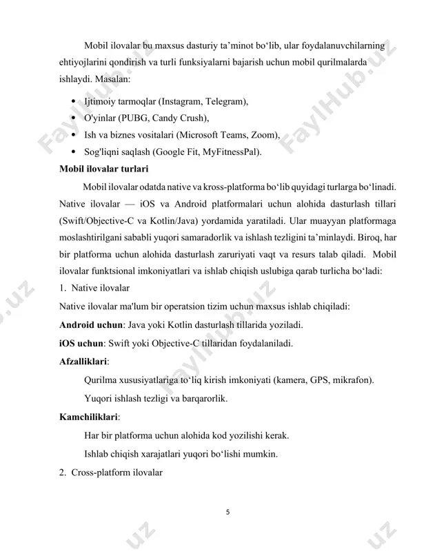 dagi qurilmalar bilan mos keladi. · dasturlash tillari: java, kotlin. ios: · apple tomonidan ishlab chiqilgan yopiq platforma. · faqat iphone va ipad qurilmalari bilan ishlaydi. · dasturlash tillari: swift, objective-c. yakunida aytish mumkinki, mobil ilovalar bugungi dunyoda biznes, ta’lim, va kundalik hayot uchun muhim vositaga aylangan bo‘lib, ularning samaradorligi, xavfsizligi va qulayligi foydalanuvchilar tajribasini yaxshilaydi va iqtisodiy samaradorlikni oshiradi. mobil ilovalar zamonaviy hayotning ajralmas qismiga aylangan bo‘lib, ular nafaqat shaxsiy qulaylikni oshiradi, balki biznes, ta’lim va sog‘liqni saqlash kabi sohalarda ham katta rol o‘ynaydi. mobil ilovani yaratish va muvaffaqiyatli ishlatish uchun texnologiyalarni to‘g‘ri tanlash va zamonaviy talablarni hisobga olish muhim. 1.2 dasturlash muhiti va texnologiyalar, flutter muhiti ushbu ilovani ishlab chiqish uchun biz android studio platformasi, dart dasturlash tili hamda flutter muhitidan foydalanamiz android studio — bu android ilovalarini ishlab chiqish uchun rasmiy dasturiy muhit (ide) bo‘lib, google tomonidan ishlab chiqilgan. bu vosita android ilovalarini yaratish, sinash va ishlatish …