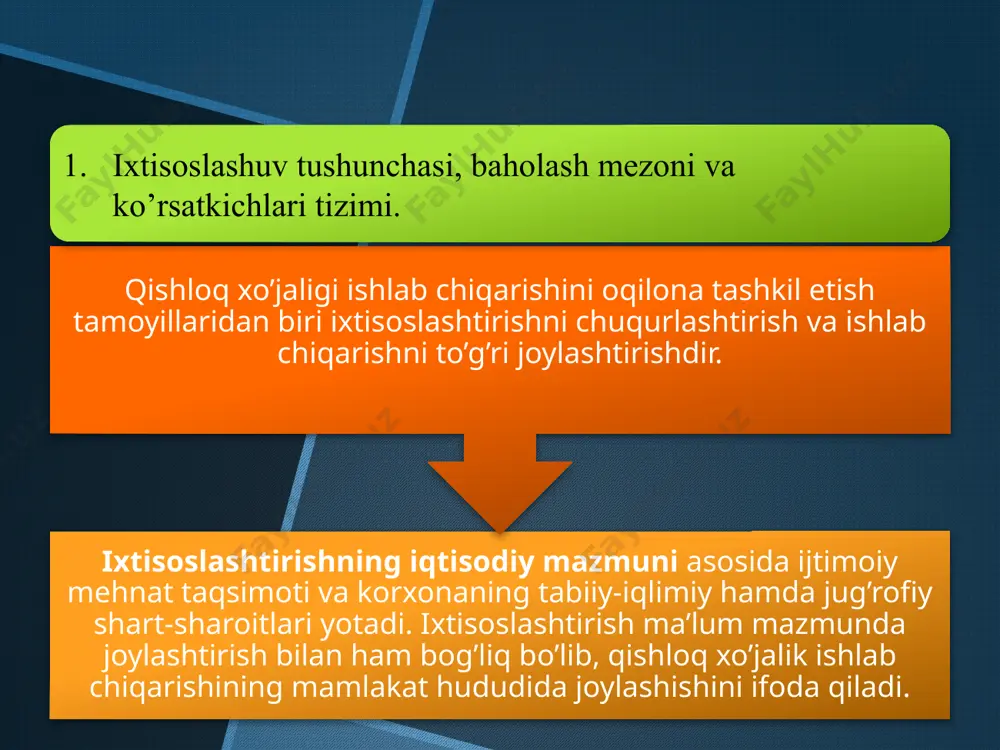 tisoslashuvining iqtisodiy mazmuni, shakllari va darajasi. ixtisoslashtirish deb, bozor talabini xisobga olgan xolda, mamlakat xududlaridagi korxonalarning tabiiy - iqtisodiy sharoitlaridan kelib chiqib ilmiy asoslarda, ma’lum turdagi tovar maxsulotlarini ishlab chiqaradigan qilib joylashtirilgan ijtimoiy mehnat taqsimotiga aytiladi. qishloq xo’jalik korxonalari ixtisoslashuvining shakllari qishloq xo’jaligida ixtisoslashuvning o’z obyektiga ega bo’lgan turli shakllari mavjud. hududiy ixtisoslashuv ; umumxo’jalik ixtisoslashuvi; ichki xo’jalik ixtisoslashuvi . ixtisoslashuvining shakllari hududiy ixtisoslashuv ma’lum bir hududlar yoki ma’muriy tumanlar, viloyatlarda qishloq xo’jaligi mahsulotlari turlarini ishlab chiqarishga ushbu hududlarda qulay shart-sharoitlar mavjudligida ifodalanadi. umumxo’jalik ixtisoslashuvi. ixtisoslashuvning bu shakli tovar mahsulotlari ishlab chiqarishda ayrim qishloq xo’jaligi korxonalari o’rtasida mehnat taqsimotini anglatadi. ; ichki xo’jalik ixtisoslashuvi tovar ishlab chiqarishiga ham, tovar bo’lmagan mahsulotlarni ishlab chiqarishga ham taalluqlidir. ixtisoslashtirish darajasi: mk – muayyan turdagi qishloq xo’jaligi mahsulotining qiymati, ming so’mda yamk – korxonaning yalpi qishloq xo’jaligi mahsulot qiymati, ming so’mda ixtisoslashuv koeffisiyenti: k=100 / u(2n-1) bunda: u - tovar mahsulotida alohida tarmoq ulushi; …