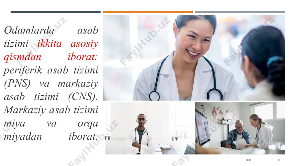 ferent tolalar simpatik va parasempatik tizim deb ataladigan ikki xil tizimga bo'lingan. psixofiziologik nuqtai nazardan, bu tizim ruhiy holat va tana orasidagi bog‘lanishni ta’minlaydi. masalan: • qo‘rqib ketganingizda yuragingiz tez ura boshlaydi, kaftingiz terlaydi – bu vegetativ asab tizimining ishi. • siz xotirjam bo‘lsangiz, nafas olish sekinlashadi, ichki a’zolar me’yorida ishlaydi – bu ham vegetativ tizim boshqaruvida. vegetativ tizim 2 bo‘limdan iborat: 1 simpatik tizim – asosan “jang yoki qoch” holatida faollashadi. stress, qo‘rquv, xavf tug‘ilganda yurak urishini tezlashtiradi, nafasni tezlashtiradi, energiya beradi. 2 parasimpatik tizim – asosan “dam olish va tiklanish” uchun javobgar. tinch holatda ichki organlar faoliyatini muvozanatda ushlab turadi, ovqat hazmini yaxshilaydi. xulosa: vegetativ asab tizimi inson ruhiy holatining tanadagi jismoniy ifodalarini boshqaradi. shuning uchun psixologik stress yoki xotirjamlik tananing qanday ishlashiga kuchli ta’sir qiladi. somatik asab tizimi hissiy ma'lumotni olish uchun javobgardir. buning uchun u butun tanada tarqalgan, markaziy asab tizimiga ma'lumot tarqatadigan va shu bilan …