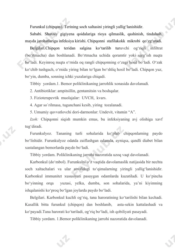 pasayadi. tibbiy yordam. 1.bemor poliklinikaning jarrohi nazoratida davolanadi. 2.og`riq kuchli bo`lsa analgin (baralgin) - 1ml muskul orasiga, yoki 1 tab. ichishga. 3. furunkulga o`xshash tadbirlar. gidradenit. ter bezlari, ayniqsa qo‘ltiq osti sohasidagi ter bezlarining o‘tkir yiringli yalig‘lanishidir (xalq tilida «it emchagi» deyiladi). sababi. terining mayda jarohatlariga infeksiya kirishi tufayli ter bezlarining yiringli yallig‘lanishi yuzaga keladi. belgilari. qo‘ltiqda ko‘kimtir qizg‘ish rangli silliq yuzali kichkina yallig‘lanish infiltrati paydo bo‘ladi. keyinchalik uning yonidan shunday tuzilmalardan yana bir nechtasi chiqadi. ular birga qo‘shilib yaxlit infiltrat (donacha) hosil qilishi mumkin. infiltratning ba’zi joyi yumshab, teshilib (yorilib) yiringli suyuqlik oqadi. tibbiy yordam. 1.og‘riq qoldiruvchi dorilar: analgin (baralgin) tabletka yoki muskul orasiga. 2.spirt (aroq) bilan artiladi. 3.antibiotiklar- ampitsillin, ampioks, sefamizin kabilar muskul orasiga va yiringli infiltrat atrofiga in`yeksiya qilinadi. 4.fizioterapevtik muolajalar. 5.poliklinikaning jarrohi nazoratida davolanadi. abssess. teri osti yumshoq to‘qimasining yiringlashi tufayli paydo bo‘ladigan yiringli xaltacha. sababi.terining tirnalgan, ishqalangan, zirapcha kirgan, sterillanmagan igna bilan in`yeksiya qilingan joylariga …