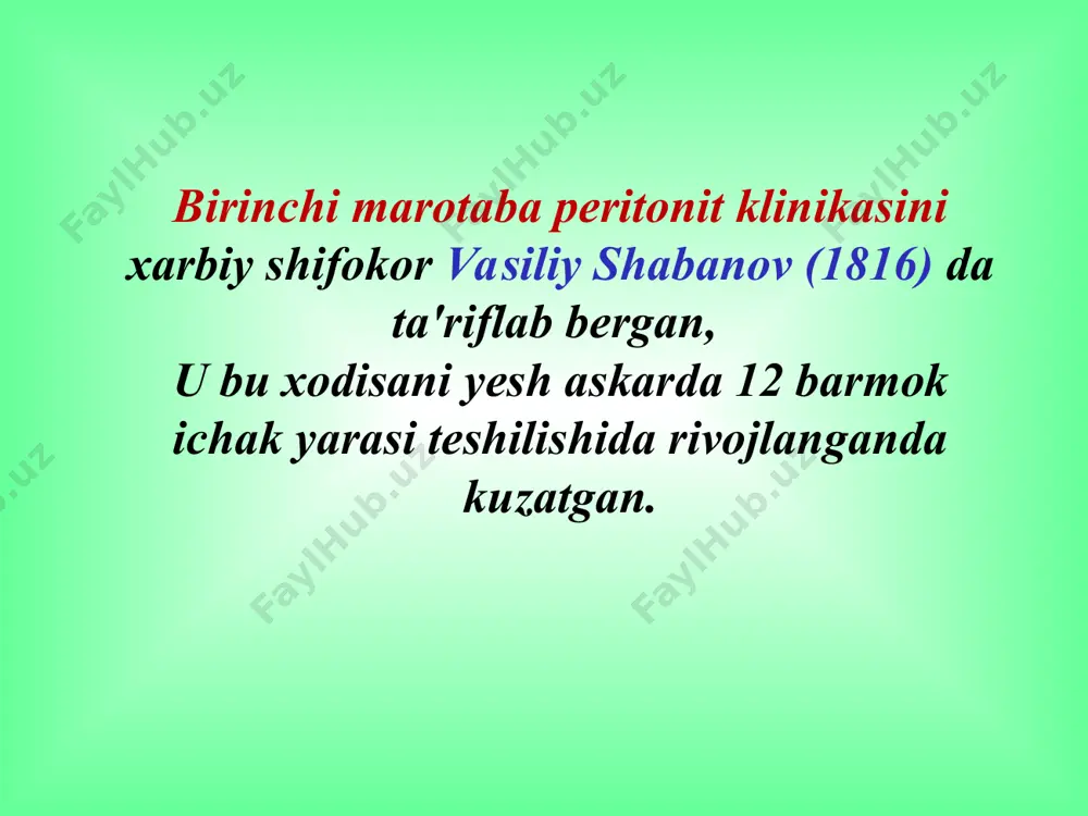 r, utkir xoletsistit va ichak tutilishida ulimning asosiy sababidir (60%dan 90%gacha). statistika peritonitni epidemiologiyasi birlamchi ikkilamchi ayollar erkaklar asoratlar va o‘lim ko‘rsatkichlari o‘tkir peritonit amaliyotdan keyingi peritonit гостищев в.к., 2002 савчук б.д., 1979 шалимов а.а., 1981 попов в.а., 1985 o‘lim ko‘rsatkichi yuqoriligining sabablari: 1) bemorlarni tibbiy muassasalarga juda kechikib murojaat qilishlari. 2) keksa va qari yoshdagi bemorlar sonining ortib borishi. 3) onkologik kasalliklarning sonini ko‘payib borishi. 4) kandli diabet bilan og‘rigan bemorlar sonining ortib borishi. mikroorganizmlarni antibiotiklarga rezistentligini pasayishi va antibakterial muolajaning samarasizligi. 6) diagnostika va jarrohlik taktikasidagi xatolar. 7) yiringli jarayonning o‘ziga xos og‘ir kechishi. v.i. struchkov 1986 y. peritonit etiologiyasi 1. mikrobli (bakterial) peritonit: nospetsifik, me'da- ichak trakti mikroflorasi orqali. spetsifik, me'da - ichak traktiga aloqasi bo‘lmagan mikroflora orqali 2. aseptik (abakterial) peritonit 4. peritonitning alohida shakli: kanseromatoz, parazitar, revmatoid, granulematoz. 3. qorin bo‘shlig‘i a'zolarining jarohatlari va shikastlanishlari. infeksiyalanish asosiy manbalari . chuvalchangsimon usimta 30-65% me'da va 12-b.ichak …
