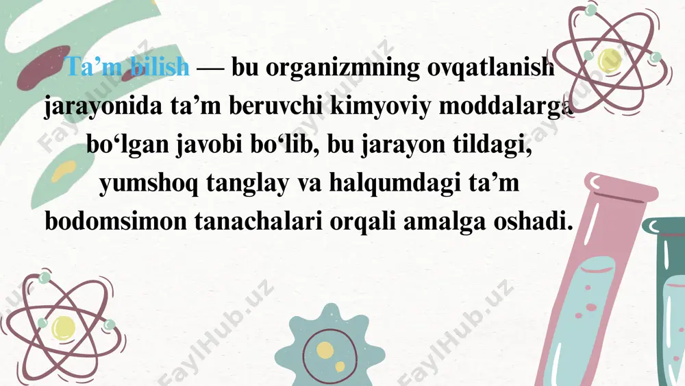 d 2/3 qismini qamrab oladi. ix juft (glossopharyngeal nervi) — tilning orqa 1/3 qismini sezadi. x juft (vagus nervi) — yumshoq tanglay, halqum va orqadagi qismi 03 miya sopi va thalamus orqali impulslar miya sopi (nucleus tractus solitarius) ta’mni sezish bilan bog‘liq barcha impulslarni qabul qiladi. bu yerda impulslar birinchi marta markazlashtiriladi keyin, thalamusga (miya markaziga) uzatiladi. thalamus — bu barcha sezgi signallarini ishlov berish va ular bilan bog‘liq tahlilni amalga oshirish uchun asosiy o‘tish nuqtasidir. 04 ta’mni anglash (gustator korteks) ta’m impulslarining so‘nggi manzili — bu miya po‘stlog‘idagi gustator korteks. bu yerda ta’mni anglash va uni tahlil qilish amalga oshadi. gustator korteksda ta’mning turli turlari (shirin, achchiq, nordon, sho‘r, umami) haqida xulosalar chiqariladi va individual ta’m tajribasi yuzaga keladi foydalanilgan adabiyotlar: 1. voitkevich g.e., rakhimov m.m., xaitov sh.m. “biokimyo” darsligi. — toshkent: o‘zbekiston nashriyoti, 2022. — 480 b. 2. murray r.k., granner d.k., mayes p.a., rodwell v.w. “harper's illustrated …