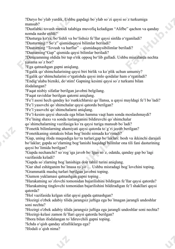 ?boshlang‘ich sinflarda sifatni o‘rganish necha bosqichda o‘rgatiladi? ?boshlang‘ich sinflarda so‘z turkumlarini o‘rganishdagi asosiy vazifa nima? ?boshlang‘ich sinflarda so‘zning morfemik tarkibi necha bosqichda o‘rganiladi? ?boshlang‘ich ta’limda olmoshning qaysi ma’no turi o‘rganiladi? ?boshlang‘ich ta’limda son qaysi yo‘nalishda o‘rganiladi? ?boshlang'ich sinf o'quvchilari ot, sifat, son, fe’lning qaysi xususiyatlarini bilib oladilar: ?boshlang'ich sinflarda „sifat" mavzusi qandayizchillikda o'rganiladi? ?boshlang'ich ta’limda son necha yo'nalishda o'rganiladi? ?bu metod asardagi voqea va tafsilotlar asosida o`quvchilarga savol-topshiriqlar tuzishda, qahramonlarga baho berishda keng qo`llaniladigan usuldir. bu qaysi metod? ?bu morfemani o‘rganishning asosiy vazifasi o‘quvchilarni so‘zda uning ahamiyati bilan tanishtirish va yangi yasalgan so‘zdan ongli foydalanish ko‘nikmasini o‘stirish hioblanadi. bu qaysi morfema? ?bu xabarni eshitgan dilfuzaning tarvuzi qo`ltig`idan tushdi. jumlada nechta gap bo`lagi bor? ?bugun havo issiq bo`ladi. ushbu gapning kesimi qaysi qatorda to`g`ri izohlangan? ?bugun terimni boshlayapmiz.gapda qaysi zamon ma’nosi ifodalangan? ?chama son qatnashgan gapni toping. ?chiqish kelishigidagi so`z gapda qaysi sintaktik vazifada kela oladi? ?chol labini tishlab o`ylanib qoldi.ushbu …