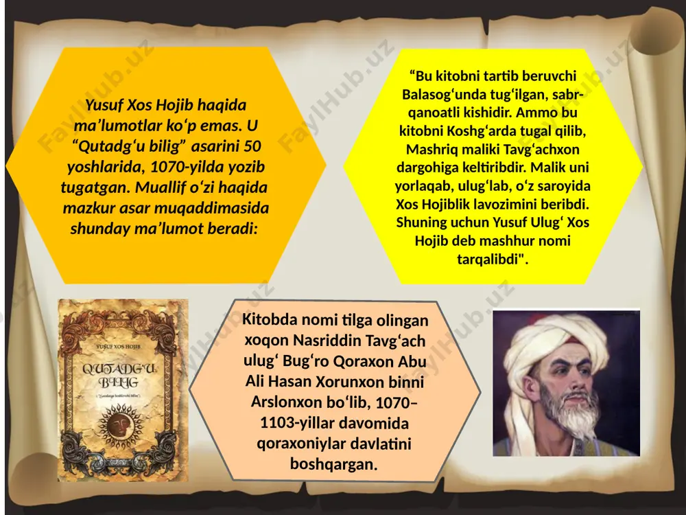 oto‘g‘ri talqin qilish oqibatidir. sharq adabiyotining tengsiz yozma obidasi “qutadg‘u bilig” (“saodatga eltuvchi bilim”) asarining yaratilganiga 952 yil to‘ldi. “qutadg‘u bilig” – ota-bobolarimizning komil inson haqidagi qarashlari, davlat va jamiyat boshqaruvi, bilim o‘rganishning ahamiyati, axloq va odob masalalari, falsafiy qarashlari, o‘g‘il-qiz tarbiyasi, kishining ichki ma’naviy olami, uning fazilatlari to‘g‘risidagi kuzatuvlarini o‘zida jamlagan noyob asar. u qadimgi turkiy yozma adabiyotining bebaho yodgorligidir. o‘rta asrlarda uning ta’sirida turkiy adabiyotdagina emas, butun musulmon sharq adabiyotida ko‘plab asarlar yaratilgan. “qutadg‘u bilig” dunyo olimlarining doimiy e’tiborida bo‘lib, o‘zbek, turk, rus, qozoq, qirg‘iz, ozarbayjon, turkman, uyg‘ur, ingliz, nemis tillarida ilmiy tarjimalari va tadqiqotlari nashr etilgan. 2019-yilni yunesko tomonidan “xalqaro “qutadg‘u bilig” yili” deb e’lon qilindi. 2020-yil 27-28-noyabrda toshkent davlat sharqshunoslik universitetida ushbu buyuk yozma yodgorlikning 950 yilligi munosabati bilan “jahon turkologiyasining buyuk obidasi “qutadg‘u bilig” va uni o‘rganishning dolzarb masalalari” mavzuida xalqaro ilmiy-amaliy konferensiya o‘tkazildi. jahon turkologiyasida asarga ilk turk didaktik dostoni sifatida yondashish mavjud (iosif …