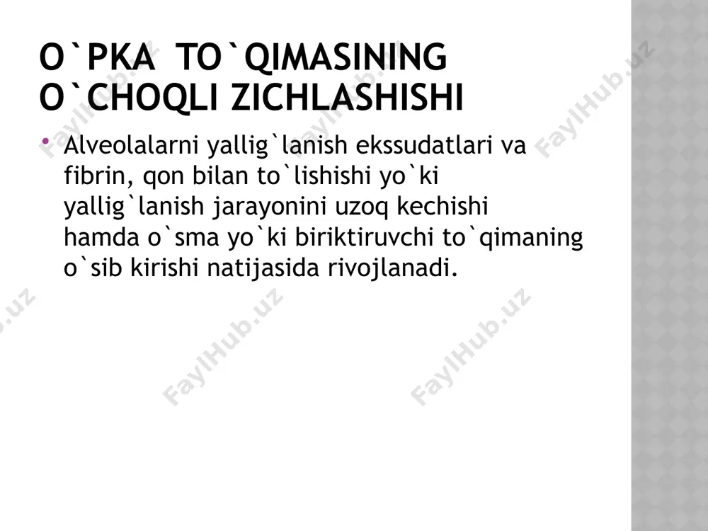 %) har hil turdagi pnevmokokklar ro'l o'ynaydi. klinikasi kasallikning klinik ko'rinishi o'ziga hos. kasallik to'satdan o'tkir boshlanadi, bemorlar o'z shikoyatlarida kasallik boshlangan kuni, hatto soatni ham aniq aytib berishlari mumkin. iztirobli qaltirash, qattiq bosh og'rig', yuqori isitma (39-40%) kuzatiladi. birinchi kundanoq shikastlangan tomonda, ko'pincha yonbosh sohada sanchiqli og'riq paydo bo'ladi, bu yallig'lanish jarayoniga plevra tortilganligidan dalolat beradi. ko'krak qafasining harakati shikastlangan tomonda susaygan (shu tomon nafas olishda orqada qoladi), tovush titrashi shu sohada ancha kuchaygan. tukullashda timpanik belgili bo'g'iqroq tovush eshitiladi. eshitishda vezikulyar nafas susaygan, nafas cho'qqisida krepitasiya (g'ichirlash) (crepitatio indux) eshitiladi. eng katta qattiqlashish davrida bronhial nafas eshitiladi,bronhofoniya kuchaygan, ba`zan yirik pufakchali nam hirillashlar eshitilishi mumkin. so'rilish bosqichida to'lish bosqichidagi nafas belgilari qaytariladi.g'ichirlash paydo bo'ladi. (crepitatio redux). diagnostikasi laborator tekshirishda qonda neytrofilli leykositoz, leykositar formulani chapga siljishi bilan. esht oshadi. balg'amda oqsil, eritrositlar va leykositlar ko'p bo'ladi. rentgenda qattiq gomogen infiltrat aniqlanadi. bronhopnevmoniya (o'choqli pnevmoniya). bu o'pka parenximasining bir …