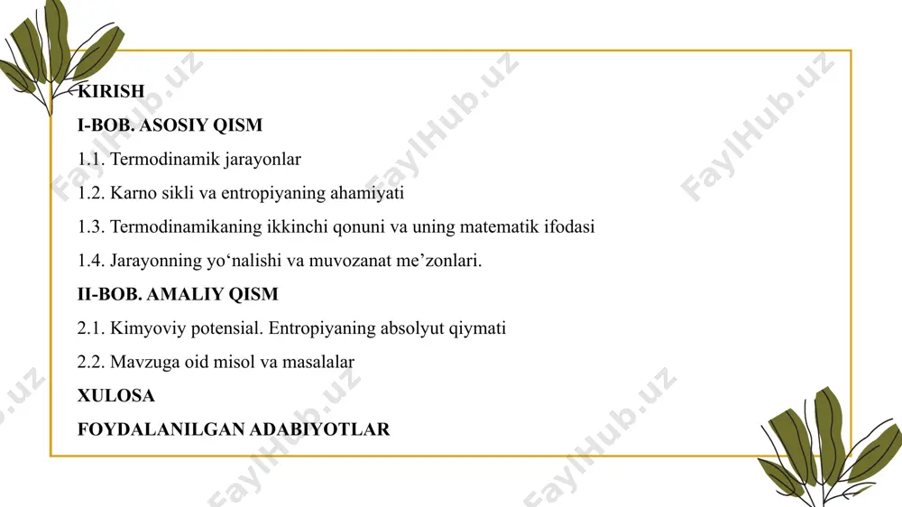 ing) ortishiga olib keladi. issiqlik hech qachon o‘z-o‘zidan sovuqroq jismdan issiqroq jismga o‘tmaydi. uchinchi qonun: absolyut nol haroratda (0 k) mukammal kristall moddada entropiya nolga teng bo‘ladi energiya bordan yo‘q bo‘lmaydi, yo‘qdan bor bo‘lmaydi. u faqat bir turdan ikkinchi turga o‘tshi mumkin. lekin bosh qonundan foydalanib, ma’lum jarayonning ayni sharoitda sodir bo‘lish bo‘lmasligini va jarayonning davom etish chegarasini oldindan aytib bo‘lmaydi. birinchi qonunga asosan, faqat jarayon sodir bo‘lgan taqdirdagina ayta oladi. termodinamikaning ikkinchi qonuni termodinamik tizim holatining funksiyasi sifatida entropiya mavjudligini belgilaydi va mutlaq termodinamik harorat tushunchasini kiritadi, yaʼni „ikkinchi qonun entropiya qonuni“ va uning xossalari. izolyatsiya qilingan tizimda entropiya oʻzgarmay qoladi yoki ortib boradi (muvozanatsiz jarayonlarda), termodinamik muvozanat oʻrnatilganda (entropiyani oshirish qonuni) maksimal darajaga etadi. adabiyotlarda topilgan termodinamikaning ikkinchi qonunining turli formulalari entropiyani oshirish qonunining oʻziga xos oqibatlaridir. image1.png image2.svg image3.png /docprops/thumbnail.jpeg