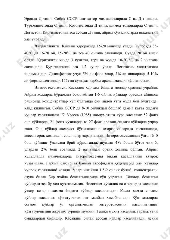 лекин қорамоллар, эчки, йилқи, чўчқа, туяларда ҳам учраши мумкин. лаборатория ҳайвонларидан денгиз чўчқачалари, мушуклар, оқ сичқонлар мойил. қуён ва каламушлар касалланмайди. касалликнинг келиб чиқишида ошқозоннинг секретор ва мотор функциясини бузадиган омилларнинг аҳамияти катта. бу ҳол айниқса, қўлда ёки бир жойда боқиб, кейин бирданига яйлов шароитига ўтказилганда рўй беради. бизнинг шароитимизда касаллик асосан эрта баҳорда, янги кўкат ўсиб чиқа бошлаган пайтда учрайди. қишдан чиққан қўйлар ўта очиқиб, янги кўкатга ташланади, очкўзлик қилиб кўплаб еяверади. бунда кўкатга унчалик ўрганмаган қўйларнинг қорни дам бўлиб шишади, газ тўпланади. натижада ошқозон-ичакда анаэроб муҳит юзага келиб, клостридийлар ривожланиб кўпаяди. бу ҳол айниқса эрта баҳорда, ёш кўкатларни шудринг ёки қиров қоплаб, ҳали буғланиб қўтарилмаганда яққол намоён бўлади. юқумли энтеротоксемия бевосита юқмайдиган касаллиқдир. патогенези. клостридийлар ҳайвон организмига тушгач, ўсиб кўпаяди, токсин ажратиб, токсемия ҳолати вужудга келади. ўз навбатида ҳазм бўлмаган озуқалар билан ошқозоннинг тўла бўлиши микроорганизмнинг яшаши учун қулай шароит яратади. катта қориннинг кўкат билан тўла бўлиши мотор …