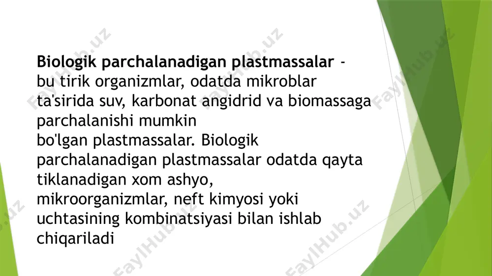 ytilmadi 5. bplar qancha muddatda to’liq parchalanadi? a)2 oy b)4yil c)8 hafta d)80 kun 6. bplar poligonga borganda qanday foydali jihatni namoyon qiladi? a) suvga solinganda erib parchalanib ketadi b) uni yoqish zarur emas c) parchalanish o’ta tez sodir bo’ladi d) barchasi to’g’ri 7.quyidagilardan qay biri to’g’ri? a) bplar tabiat uchun zararli xususiyatlarga ega b) bp lar va odatiy plastiklar ishlab chiqarishda bir xil energiya talab qiladi c) abiotic omillarga har ikkisi ham neytral d) bp lar tuproq unumdorligiga ijobiy ta’sir k’rsata oladi e’tiboringiz uchun raxmat. image1.png image2.png image3.jpg image4.png image5.png image6.png image7.png image8.png
