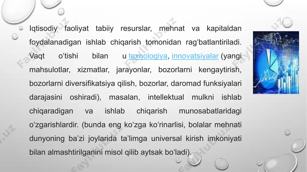 sodiyot va pulning miqdor nazariyasi xx asr boshlarigacha pulning miqdor nazariyasi klassik iqtisodchi olimlar orasida eng koʻp eʼtirof etiladigan makroiqtisodiy model edi. bu nazariya almashinuv tenglamasini beradi: m•v=p•t bu yerda m — pul massasi hajmi, v — pul aylanish tezligi, p — narxlar darajasi, t — xoʻjalikdagi barcha bitimlarning natural hajmi; p•t — xoʻjalikdagi barcha bitimlar qiymati) makroiqtisodiy nazariyaning ikki ko`rinishi o`zarofarqlanadi: pozitiv makroiqtisodiyot; b) normativ makroiqtisoiyot. pozitiv makroiqtisodiyot real iqtisodiy hodisalarni va ularning aloqadorliklarinio`rganadi. normativ makroiqtisodiyot esa qaysi sharoitlaryoki jihatlar maqbul yokino- maqbulekanligini belgilaydi, harakatning aniq yo`nalishlarini taklif etadi. uy xo`jaliklari, firmalar, davlat va tashqi dunyo makroiqtisodiyot sub‘ektlari hisoblanidilar. etiboringiz uchun rahmat! image2.png image3.png image4.png image5.png image6.png image7.png image8.png image9.png image10.png image11.png image12.png image1.png /docprops/thumbnail.jpeg
