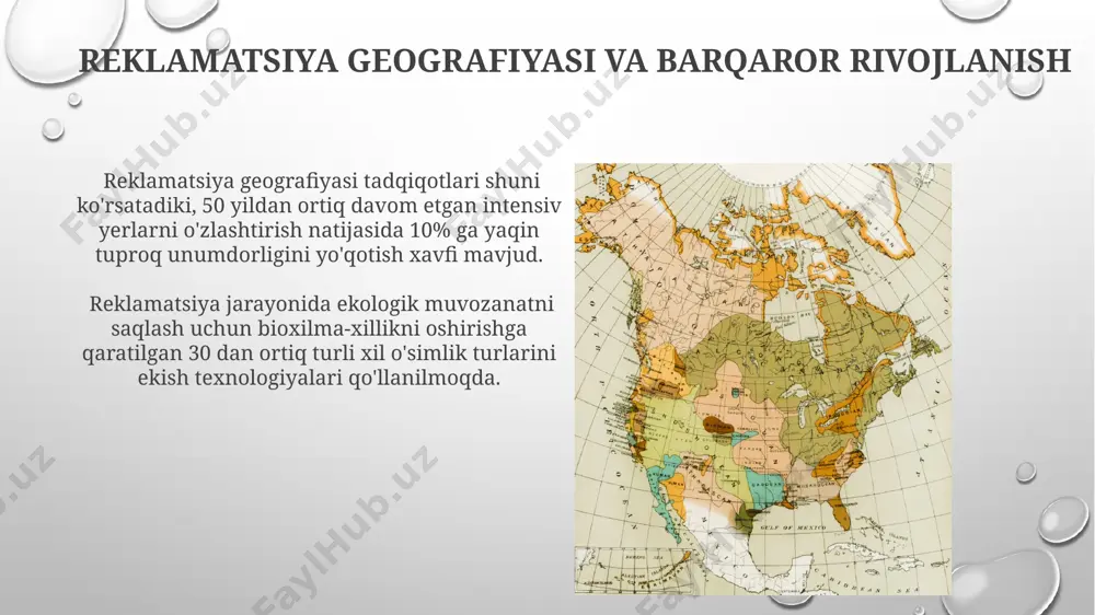 tligiga jiddiy tahdid soladi. reklamatsiya geografiyasi bo'yicha kelajakdagi tadqiqot yo'nalishlari suv resurslarining cheklanganligi sharoitida, suv tejovchi irrigatsiya tizimlarini joriy etish orqali 10% ga qadar suv sarfini kamaytirish imkoniyatlarini o'rganish bo'yicha chuqur tahlillar talab etiladi. reklamatsiya geografiyasi sohasida kelajakdagi tadqiqotlar 30% dan ortiq tuproq unumdorligini oshirishga qaratilgan yangi texnologiyalarni, jumladan, sun'iy intellekt va masofadan zondlashni qo'llashga e'tibor qaratishi kerak. o'zbekistonda reklamatsiya geografiyasi tadqiqotlari o'zbekistonning 2 million gektarga yaqin tuzlangan yerlarini rekultivatsiya qilish bo'yicha amalga oshirilgan tadqiqotlar shuni ko'rsatdiki, gidrologik rejimni yaxshilash samaradorligi 70% dan yuqori bo'lgan. qoraqalpog'iston respublikasidagi qumli cho'llarni o'zlashtirish bo'yicha o'tkazilgan geografiya tadqiqotlari natijasida 15 yildan ortiq davom etgan 5 ta yirik loyiha tahlil qilingan. reklamatsiya geografiyasi: kirish reklamatsiya geografiyasi, tuproq unumdorligini 2-3 baravar oshirishga imkon beruvchi, yangi texnologiyalar va innovatsion usullarni qo'llashni o'z ichiga oladi. reklamatsiya geografiyasi, yer resurslarini samarali boshqarish va ekologik muvozanatni tiklashga qaratilgan 100 dan ortiq ilmiy tadqiqotlarni o'z ichiga oladi. reklamatsiya geografiyasidagi iqtisodiy jihatlar …