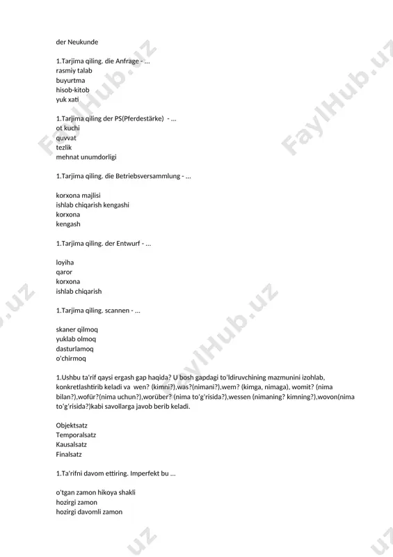dagi boshqa so‘zlarga bo‘lgan munosabatini xarakterini belgilaydi . kelishik fe'l shaxs-son sifat 1.berilgan ta'rifni to'ldiring. ... yordamchi so‘z turkumiga kiradi, gapda mustaqil holda qo‘llanmaydi va gap bo‘lagi bo‘lib kela olmaydi, o‘zi bog‘lanib kelgan so‘zni boshqa so‘z bilan sintaktik bog‘laydi, ot, sifat yoki ravishlar bilan bog‘lanib, o‘rin-joy, payt, sabab, modal, vosita kabi aniq munosabatlarni ifoda etadi. predlog fe'l ot sifat 1.infinitiv gapda qaysi yuklama bilan qo'llanilishi mumkin? zu auf an teil 1.quyidagi ta'rif qaysi grammatik unsur haqida? .... ergash gapni bosh gapga yoki bir ergash gapni ikkinchisiga tobelash yo‘li bilan bog‘lash uchun xizmat qiladi. ergashtiruvchi bog'lovchilar teng bog'lovchilar predloglar bog'lovchi o'rnida qo'llanilagigan ko'makchilar 1.ta'rifni to'ldiring. ... bosh gapga nisbatan hol va ish harakatning vaqtini, ya’ni uning boshlanishi, tugashi va takrorlanishini bildiradi. payt ergash gap to'ldiruvchi ergash gap kesim ergash gap bog'langan qo'shma gap 1.nemis tilida nechta infinitiv guruhlar mavjud? 3 4 5 2 1.sondern, doch, jedoch, dennoch bog'lovchilari ma'nosiga ko'ra .... …