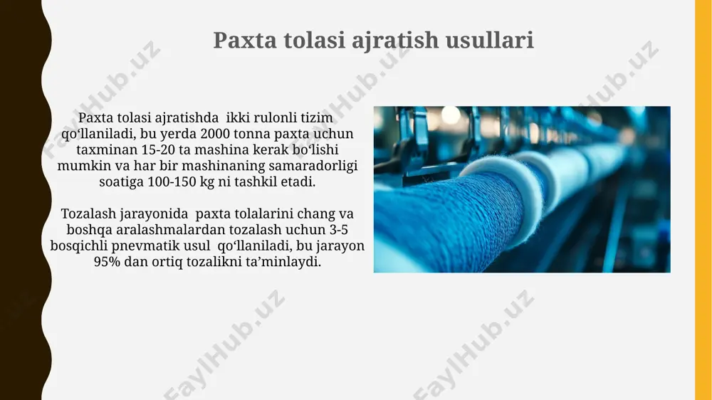 k texnikasi choralari пахта толаларини ажратиш ва тозалаш жараёнида 2000 тонна пахтани қайта ишлашда ҳимоя воситалари (респираторлар, ҳимоя кўзойнаклари)дан фойдаланиш 90% дан ортиқ чанг-тузоқ тушишини олдини олади. ёнғин хавфсизлиги қоидаларига риоя қилиш, яъни ёнғин ўчириш воситаларининг мавжудлиги ва ишчиларни ёнғин хавфсизлиги бўйича йилига камида 2 марта ўқитиш жараёндаги ёнғин хавфини камайтиради. xom paxta xossalari va ularning tozalashga ta'siri paxta xom-ashyosining 5-10% gacha bo'lgan qismi tozalash jarayonida yo'qotishlarga uchraydi, bu esa yakuniy mahsulot miqdoriga ta'sir qiladi va iqtisodiy samaradorlikni pasaytiradi. turli xil tozalash usullarini qo'llash natijasida paxta tolalarining uzunligi va mustahkamligi o'zgaradi, bu esa keyingi ishlov berish jarayonlariga ta'sir qiladi. avtomatlashtirish va boshqaruv tizimlari автоматлаштирилган тизимлар пахта тозалаш жараёнидаги 30% гача мехнат харажатларини камайтириши ва 98% гача самарадорликни ошириши мумкин. plc контроллерлари орқали бошқариладиган тизимлар пахта тозалаш жараёнидаги ҳаво оқимини 15% тежаб, энергия сарфини оптималлаштиради. iqtisodiy samaradorlik tahlili ишлаб чиқариш харажатларини 2000 тонна пахта толасини тозалаш ва ажратиш жараёнида 15% га …