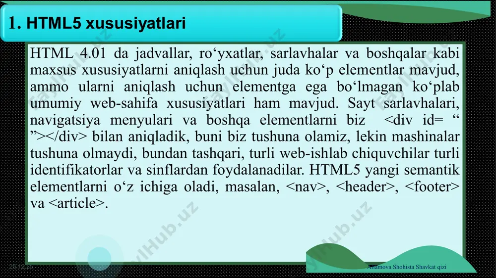 a kirish kerak 2. hujjatni .html kengaytmasi bilan saqlash 3. quyida berilgan matnni terish (teglarni terish bilan teglar ro‘yxati chiqadi(chiqmasa ctrle+probel). kerakli teg yoki element ustiga bosilganda ochib yopiluvchi teg hosil bo‘ladi(2.1- rasm). dasturlash 1 dasturlash 1 meta tegi hujjatning baʼzi xossalarini (masalan: muallif, kalit soʻzlar roʻyxati, kodlash va h.k.) oʻrnatish uchun ishlatiladi, bu esa html hujjatiga ishlov berishni boshqarish imkonini beradi. ushbu teg, title tegi bilan birga, sarlavha o‘rnatishda eng ko‘p qo‘llaniladi. ushbu vazifa bilan, joriy hujjat yuklangandan 5 soniya o‘tgach, brauzer avtomatik ravishda artel.html hujjatini yuklashni boshlaydi. dasturlash 1 * dasturlash 1 * dasturlash 1 dasturlash 1 background=url – fon sifatida foydalaniladigan tasvirning manzilini (url) belgilaydi; text=color – hujjat matnining rangini belgilaydi; leftmargin, rightmargin, topmargin=pixels – hujjatning mos ravishda chap, o‘ng va yuqori chetlari hajmini o‘rnatish. piksellarda ko‘rsatilgan; scroll – mantiqiy atributdir: brauzer darchalari harakatlantirish yo‘laklarini o‘rnatadi. dasturlash 1 html 5 va html 4 qanday xususiyatlari bilan ajralib …